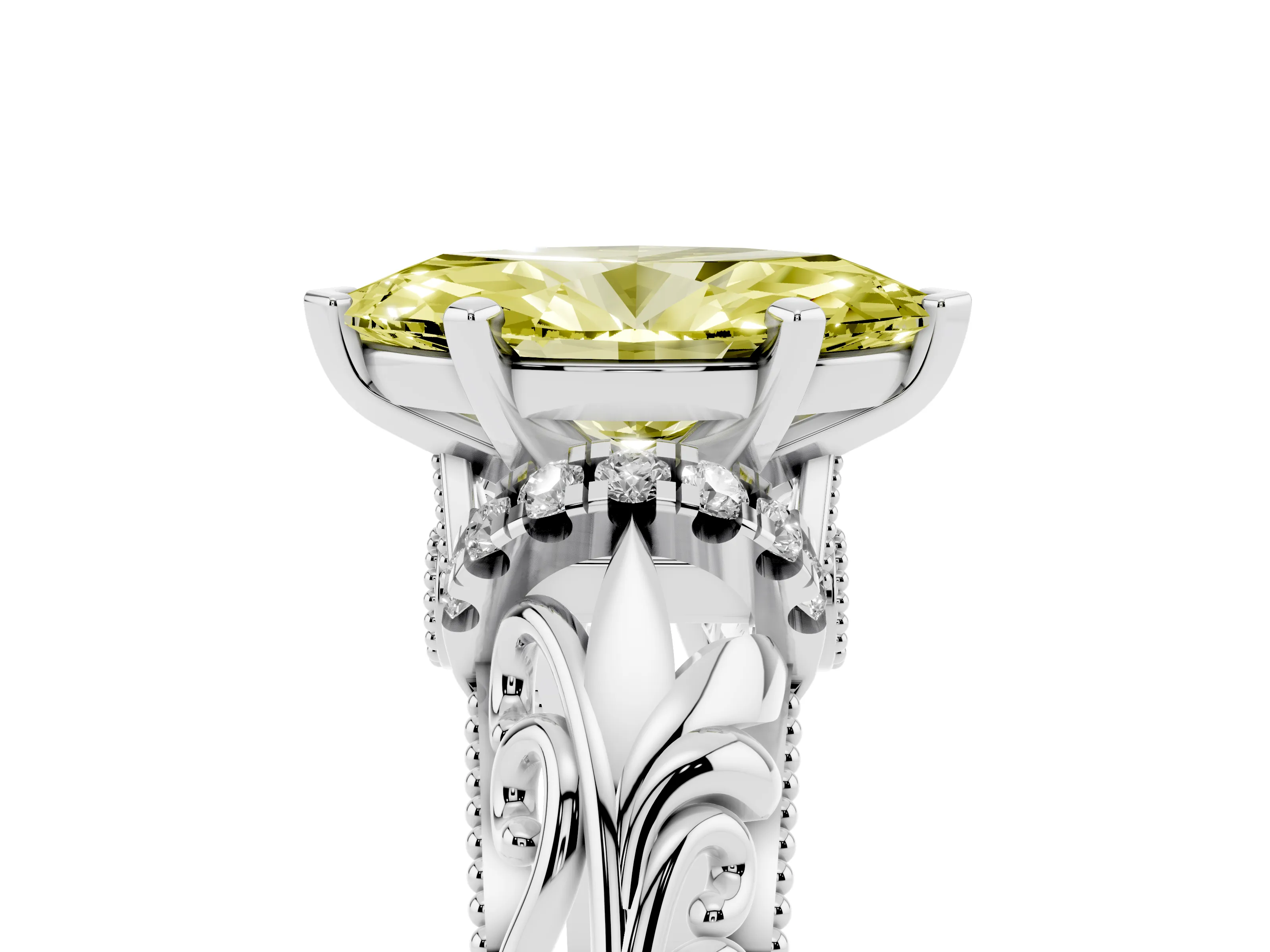 Fancy Yellow Marquise Cut Diamond Filigree Halo Engagement Ring Set in White gold with Prong Setting