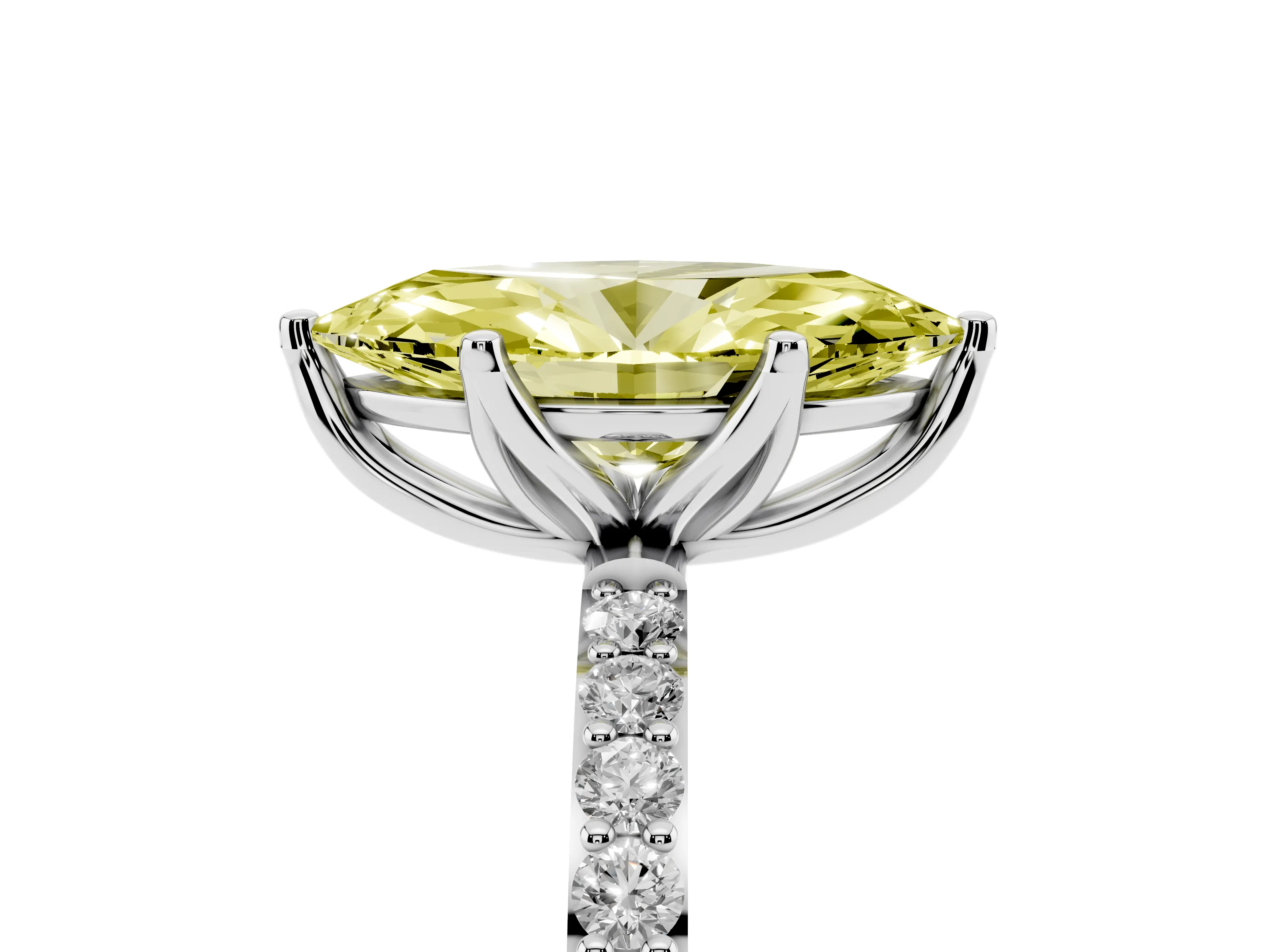 Fancy Yellow Marquise Cut Diamond Solitaire Engagement Ring Set in Silver with Round Pavé Band and Prong Setting