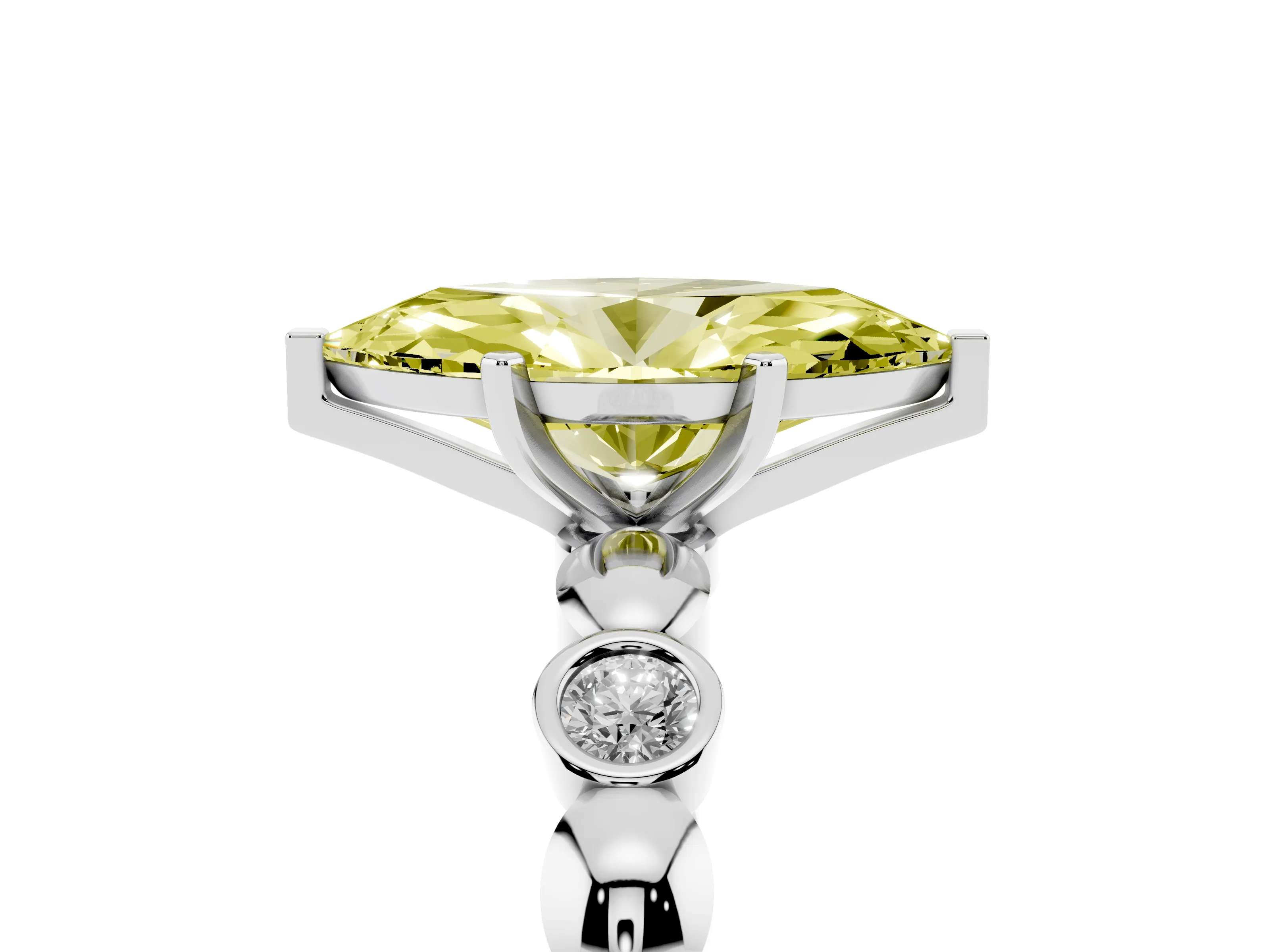Fancy Yellow Marquise Cut Diamond Solitaire Ring Set in Platinum with Bezel-Set Accents on Beaded Band and Prong Setting