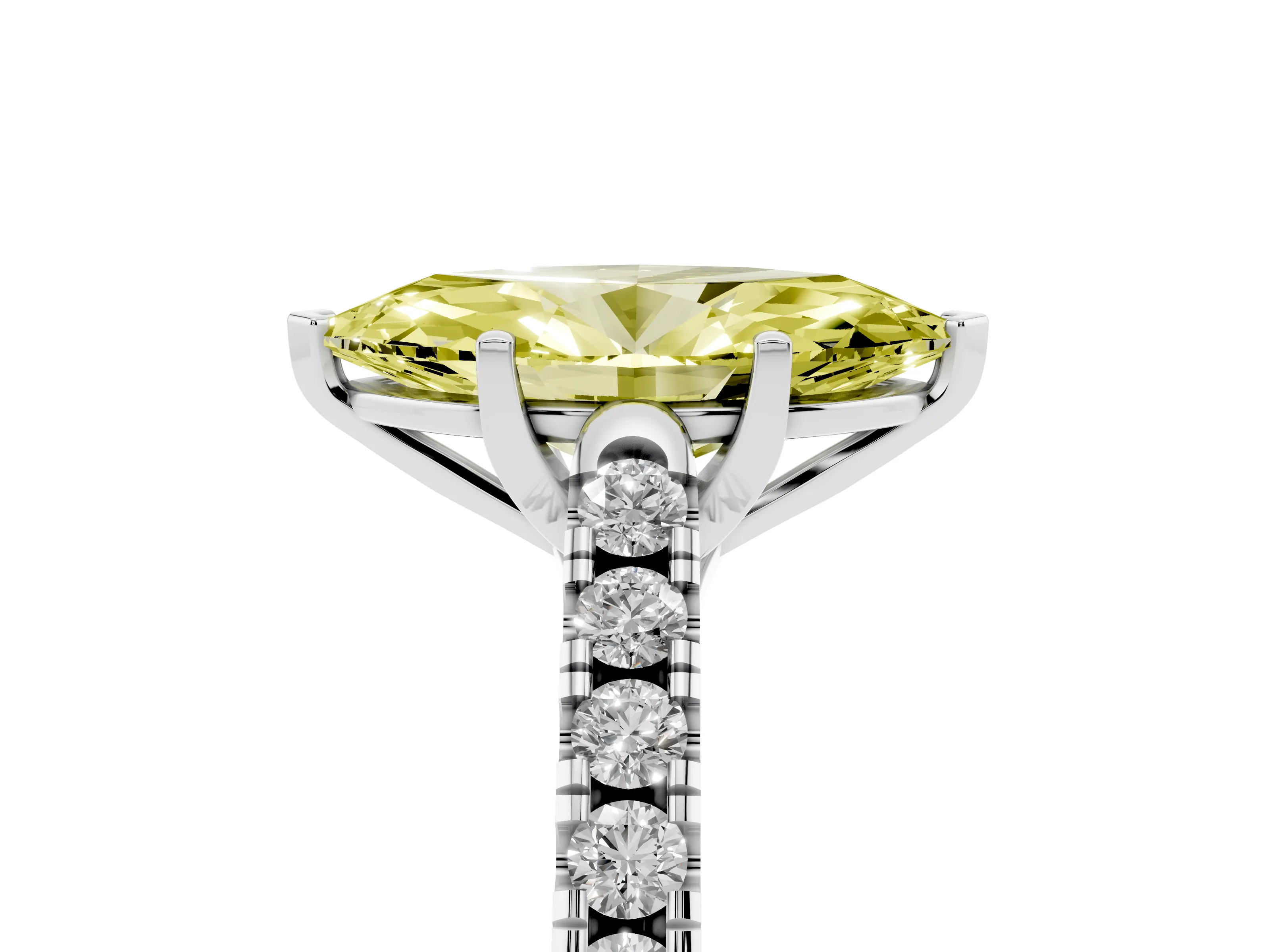 Fancy Yellow Marquise Cut Diamond Pavé Band Solitaire Ring Set in White gold with Partway Accent Stones and Prong Setting