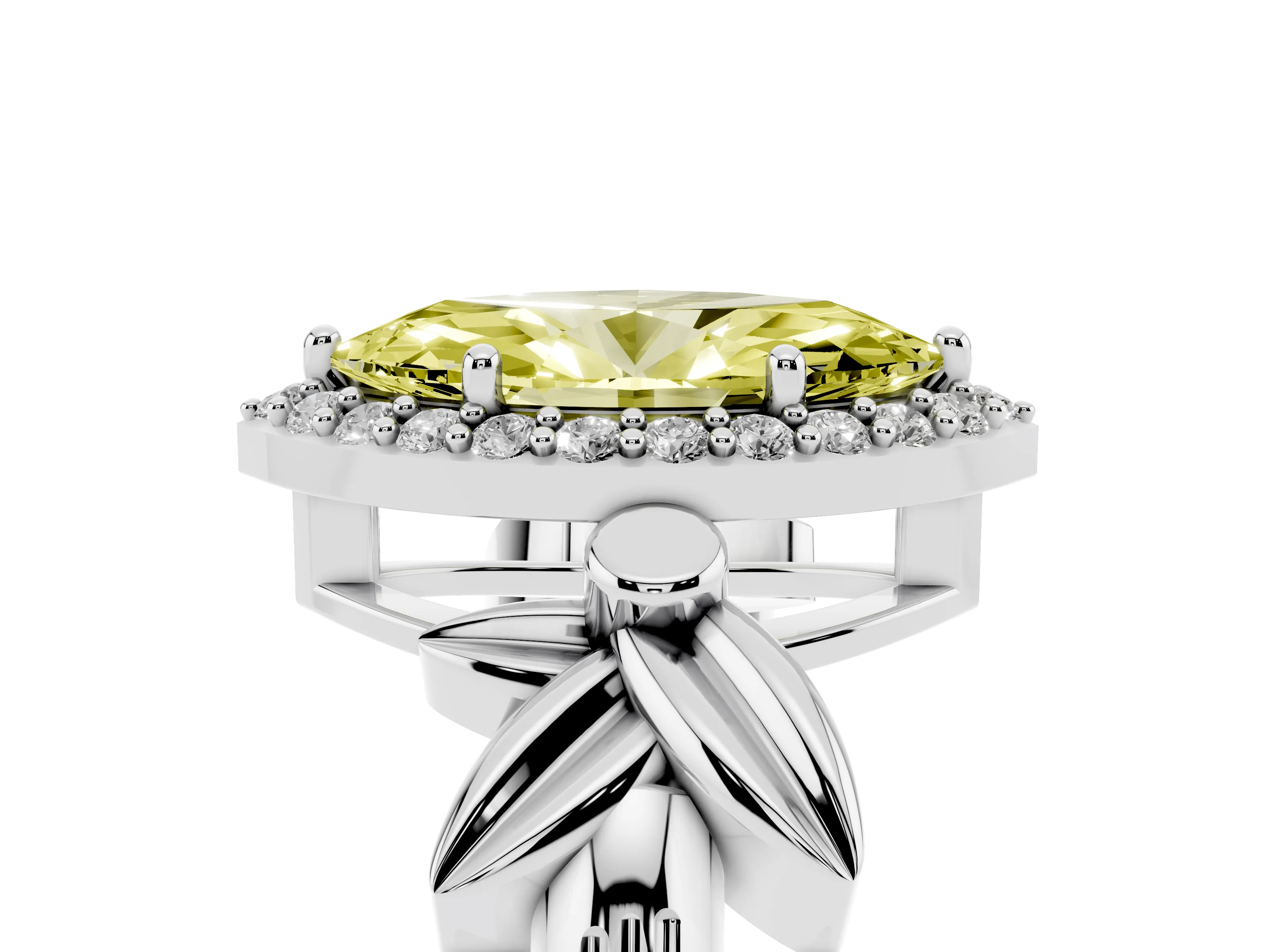 Fancy Yellow Marquise Cut Diamond Halo Floral Band Ring Set in White gold with Prong Setting