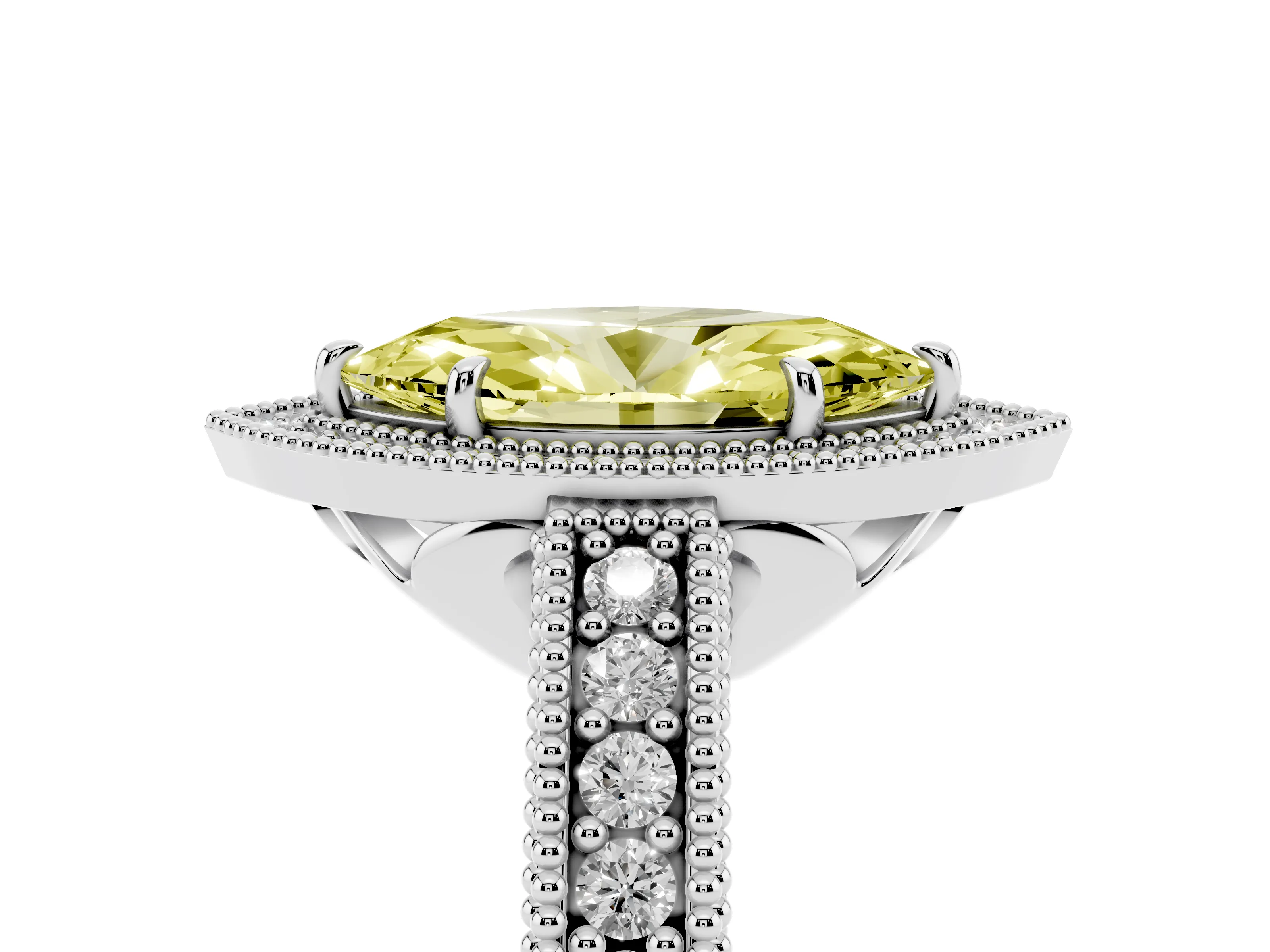 Fancy Yellow Marquise Cut Diamond Halo Ring Set in Silver with Round Accent Halo, Pavé Band and Prong Setting