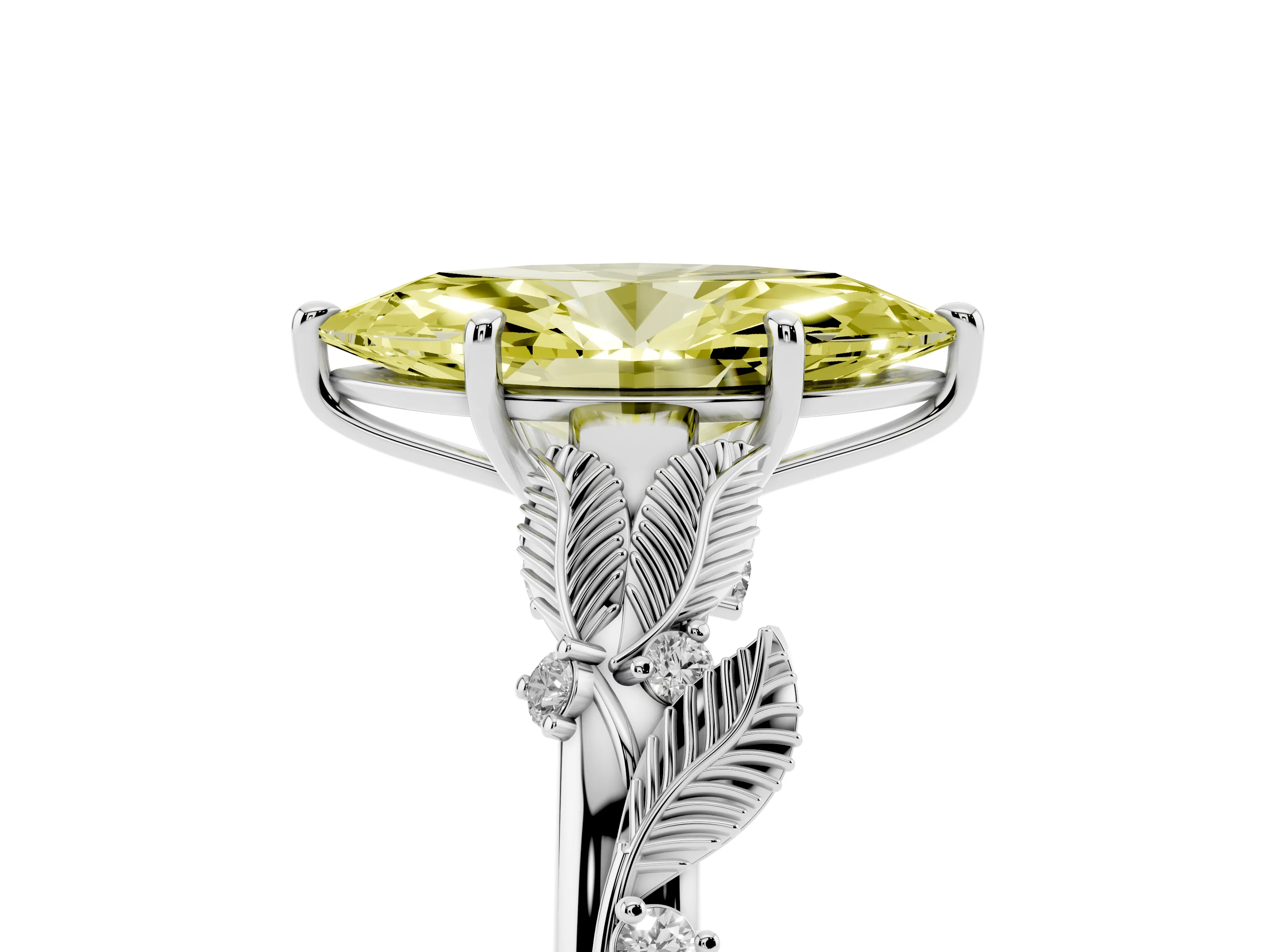 Fancy Yellow Marquise Cut Diamond Solitaire Ring Set in White gold with Leaf Motif Band