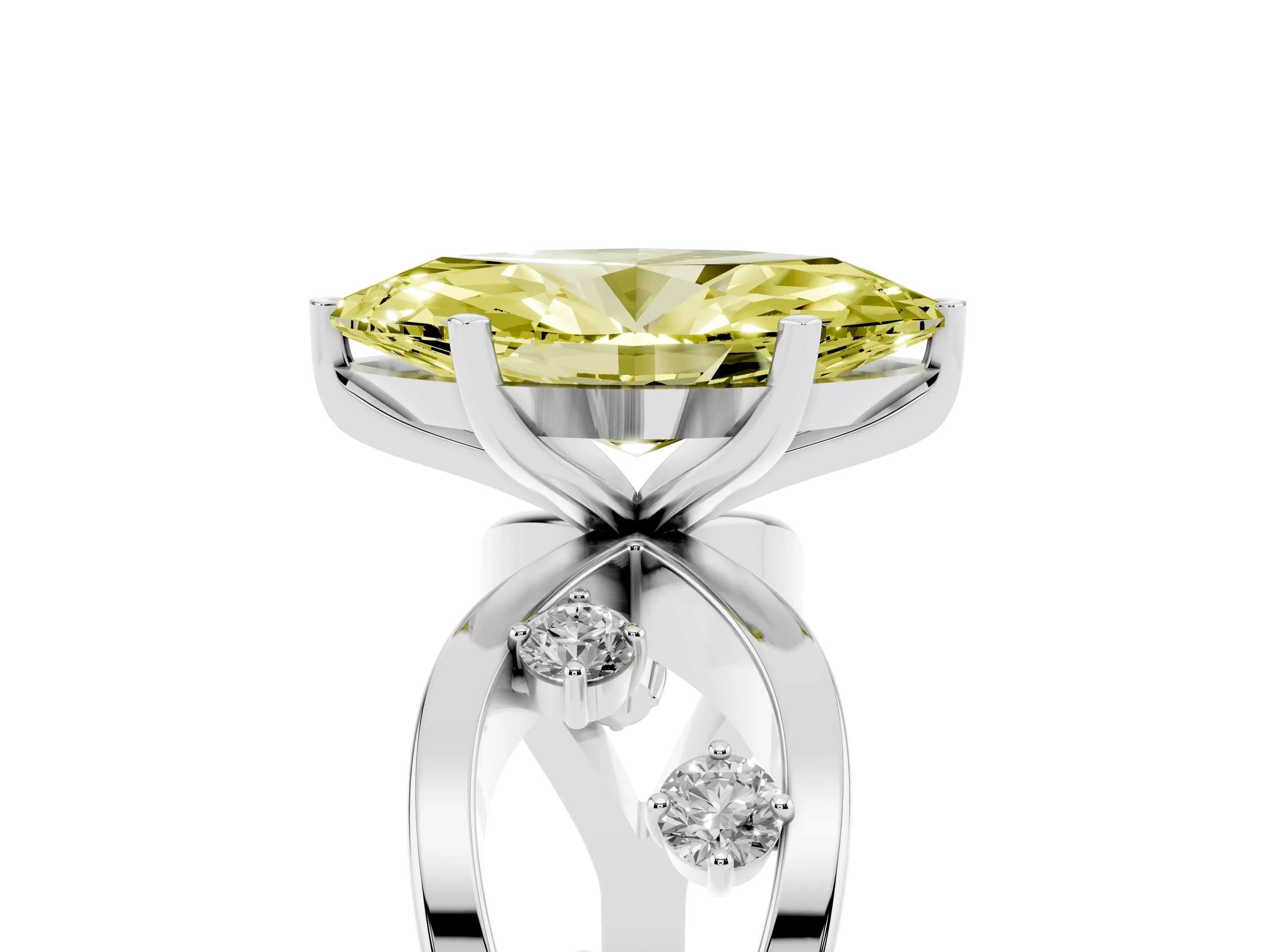 Fancy Yellow Marquise Cut Diamond Solitaire Ring Set in White gold with Side Stones on Criss-Cross Band and Prong Setting