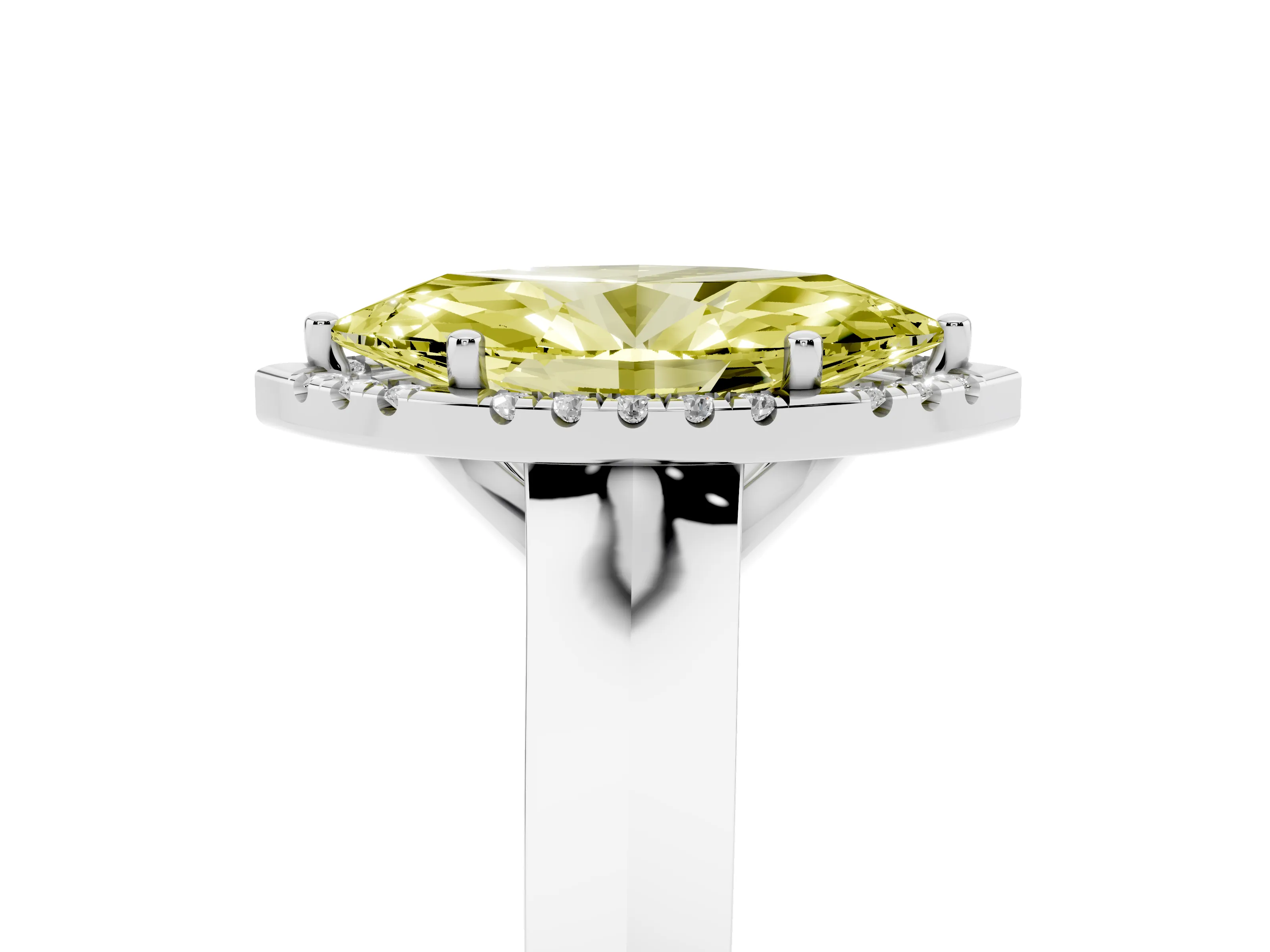 Fancy Yellow Marquise Cut Diamond Halo Ring Set in Platinum with Cathedral Band and Prong Setting