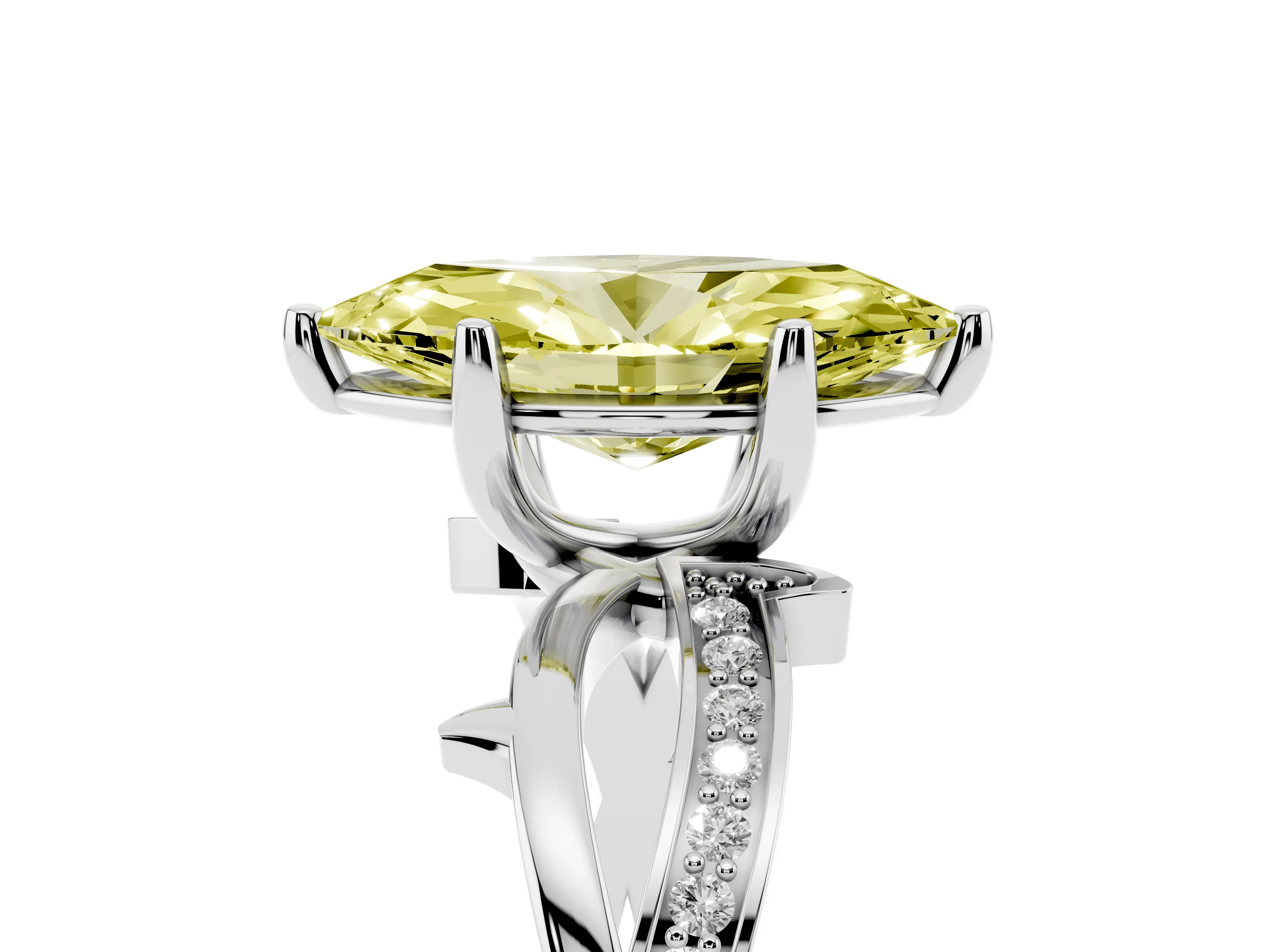 Fancy Yellow Marquise Cut Diamond Pavé Twist Band Solitaire Ring Set in Platinum with Prong Setting
