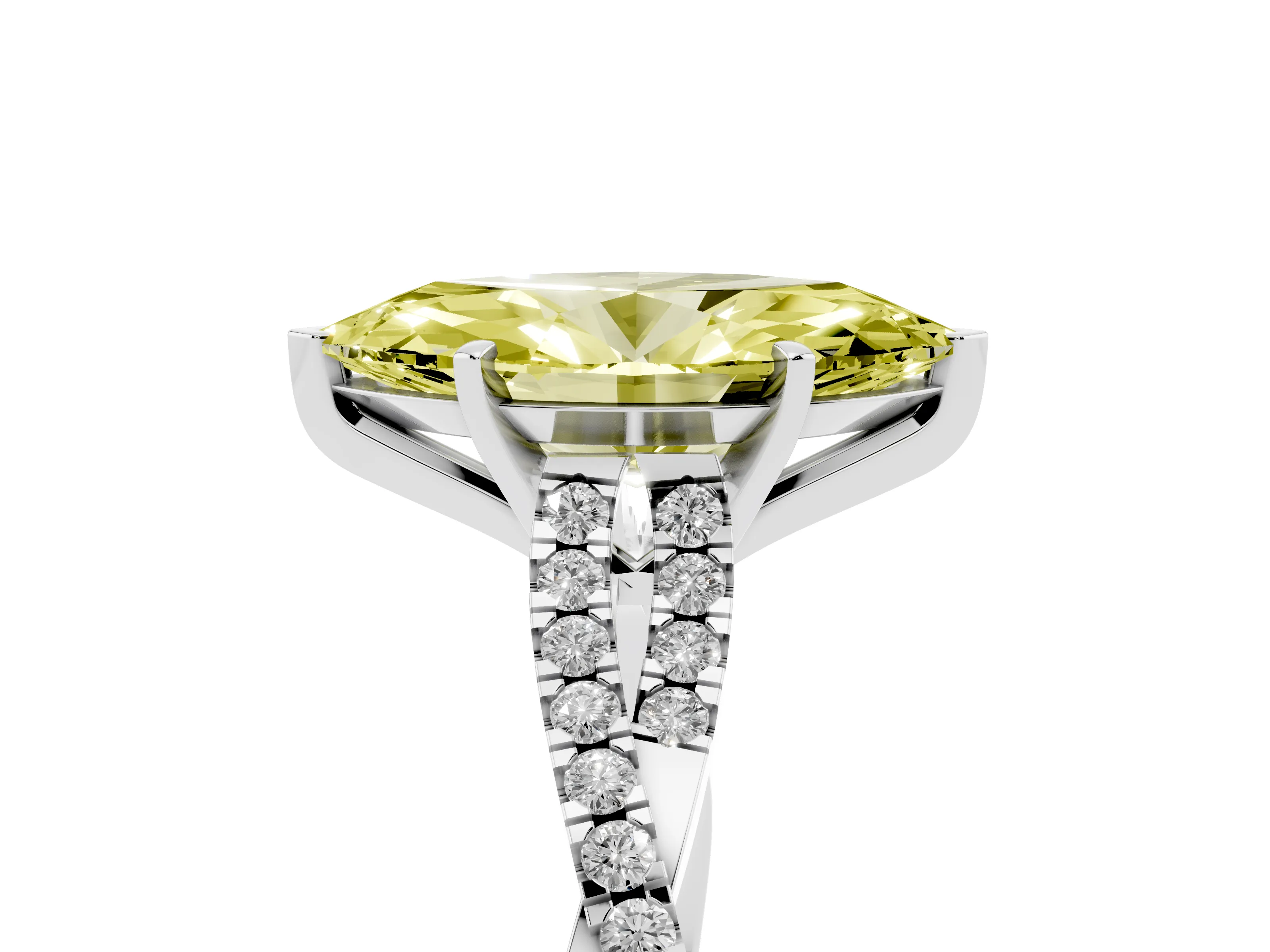 Fancy Yellow Marquise Cut Diamond Solitaire Engagement Ring Set in Platinum with Twisted Pavé Band and Prong Setting