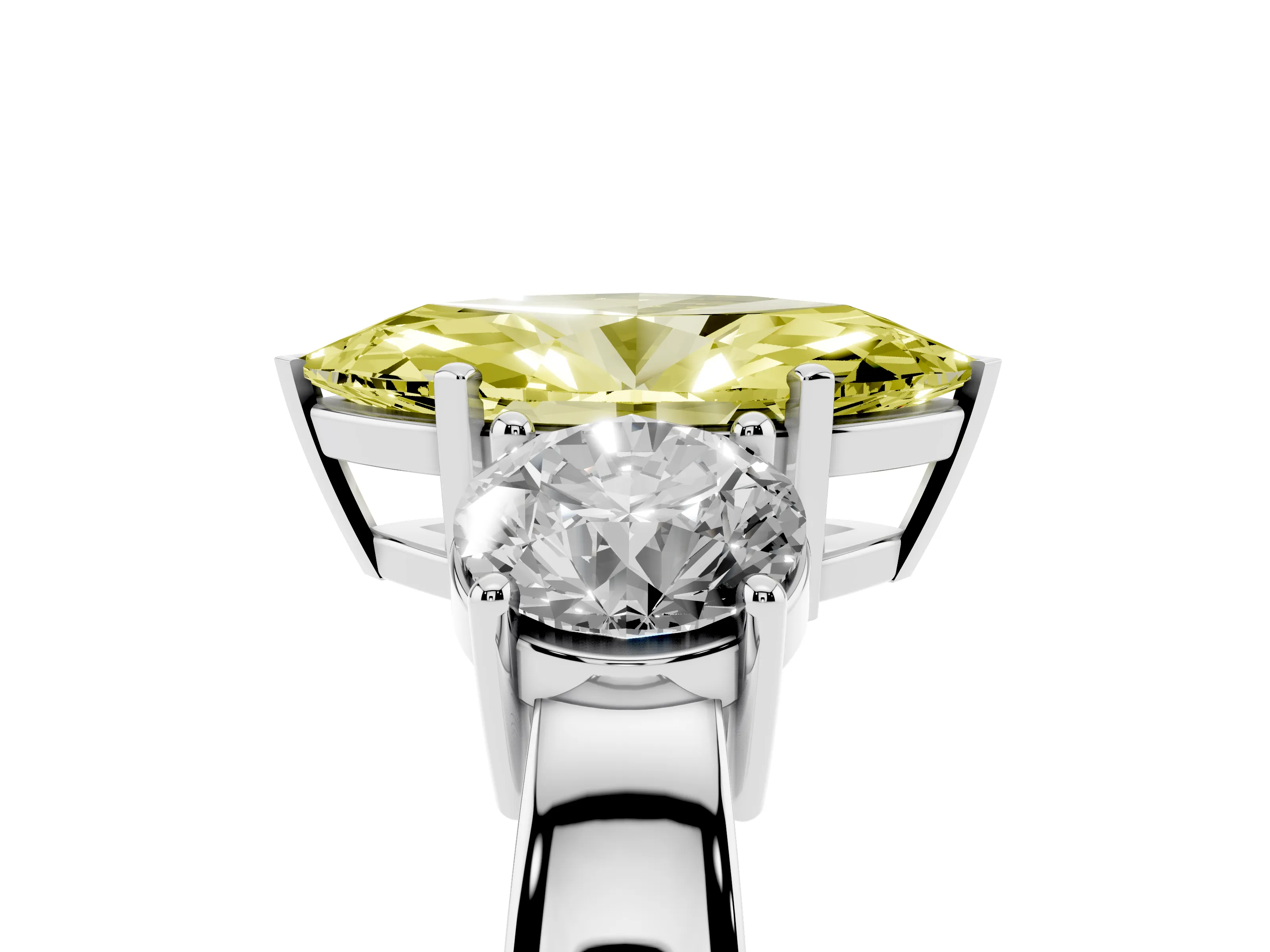 Fancy Yellow Marquise Cut Diamond Three-Stone Ring Set in Platinum with Round Side Stones and Classic Band