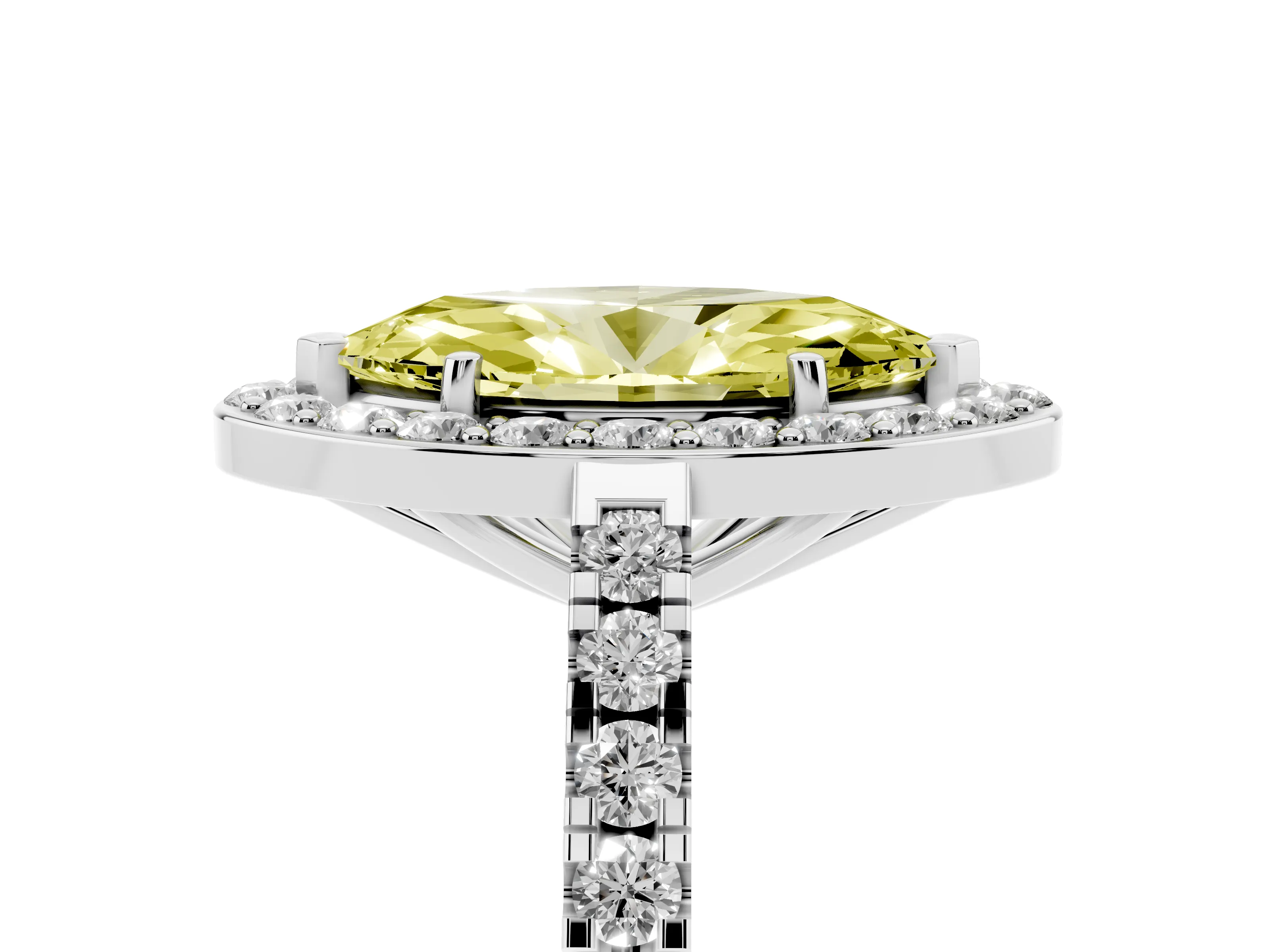 Fancy Yellow Marquise Cut Diamond Halo Ring Set in Silver with Round Pavé Split Shank and Prong Setting