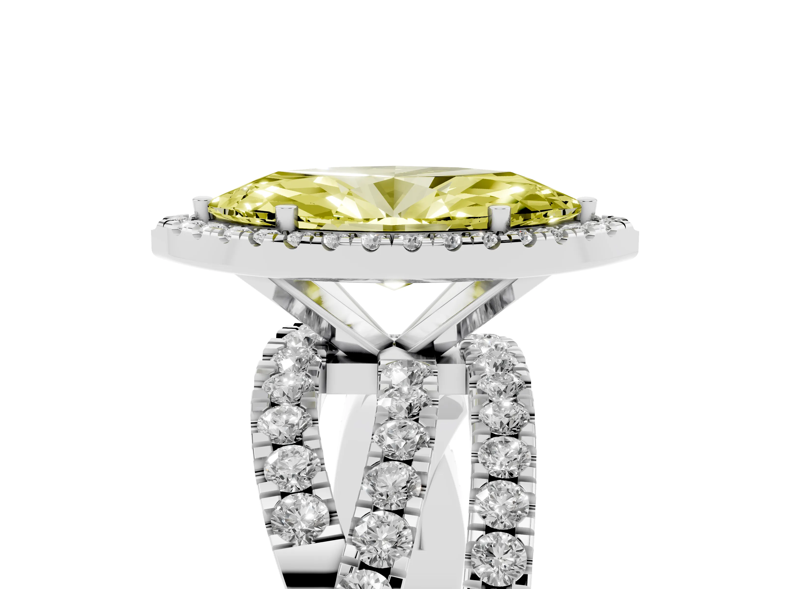 Fancy Yellow Marquise Cut Diamond Halo Ring Set in Platinum with Round Crossover Split Shank and Prong Setting
