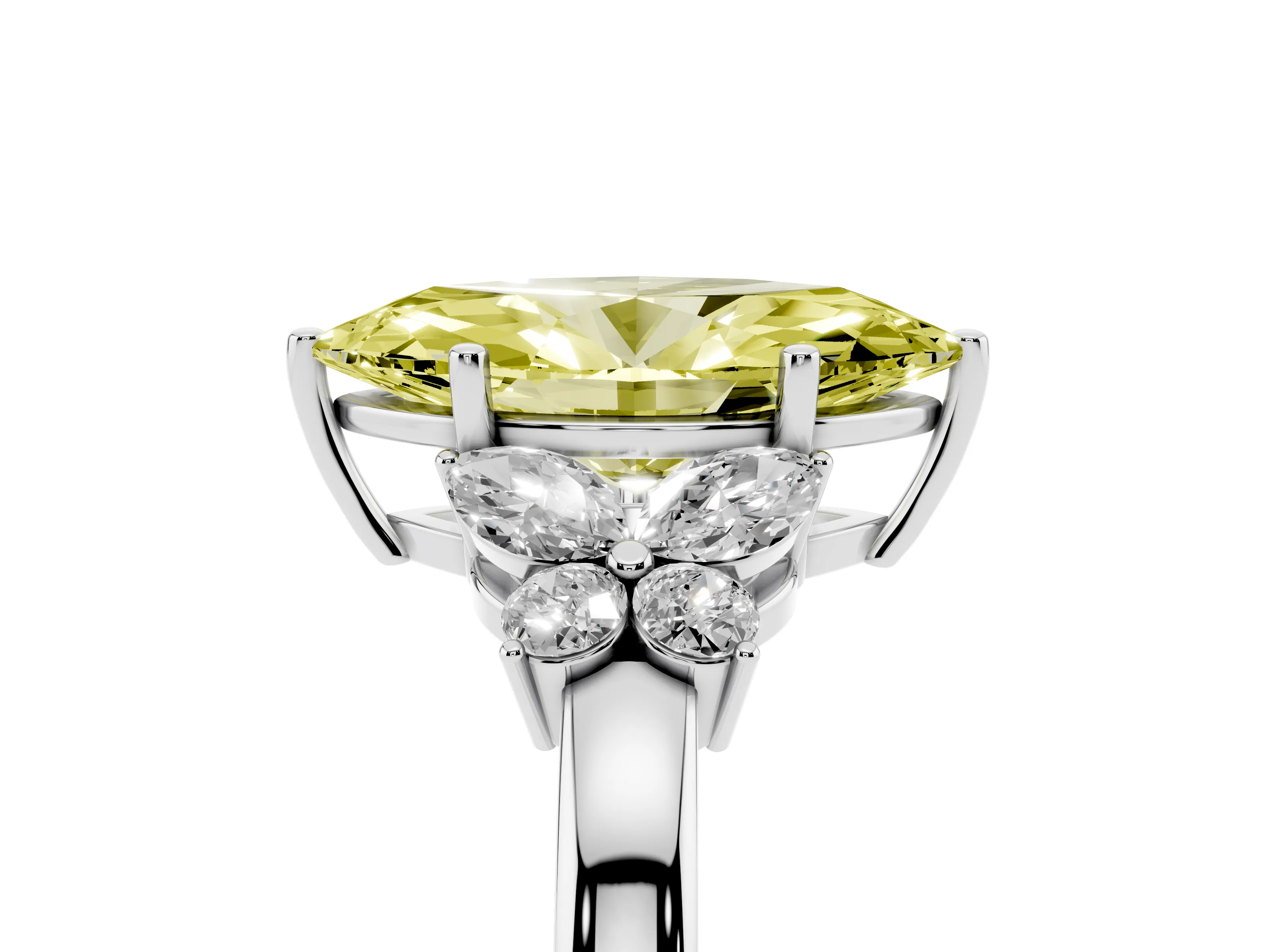 Fancy Yellow Marquise Cut Diamond Solitaire Floral Ring Set in Platinum with Marquise Petals and Prong Setting
