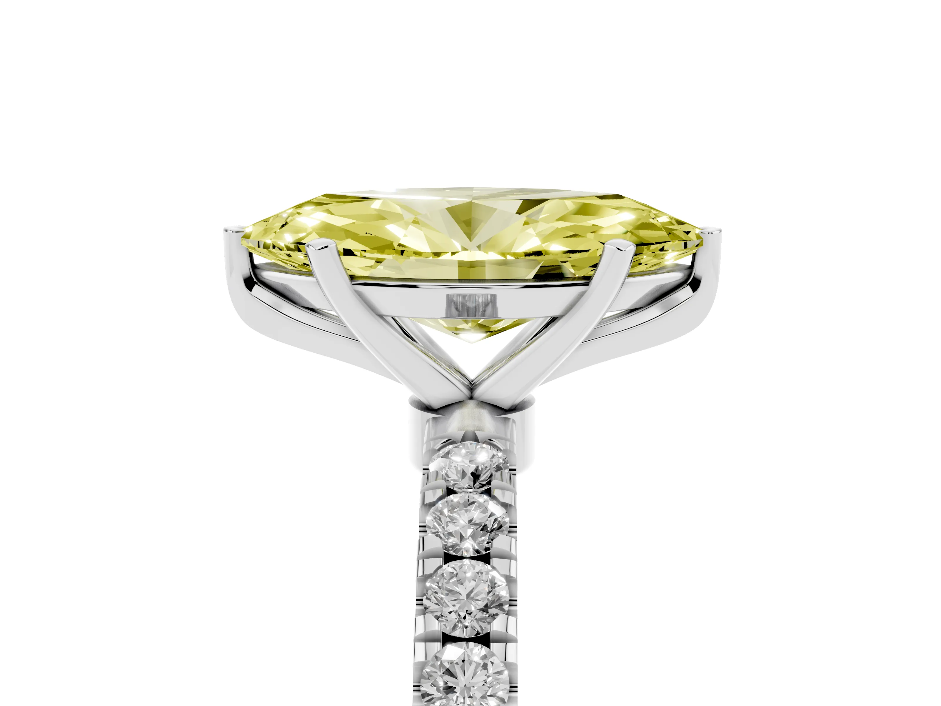 Fancy Yellow Marquise Cut Diamond Solitaire Ring Set in Platinum with Pavé Accents and Prong Setting