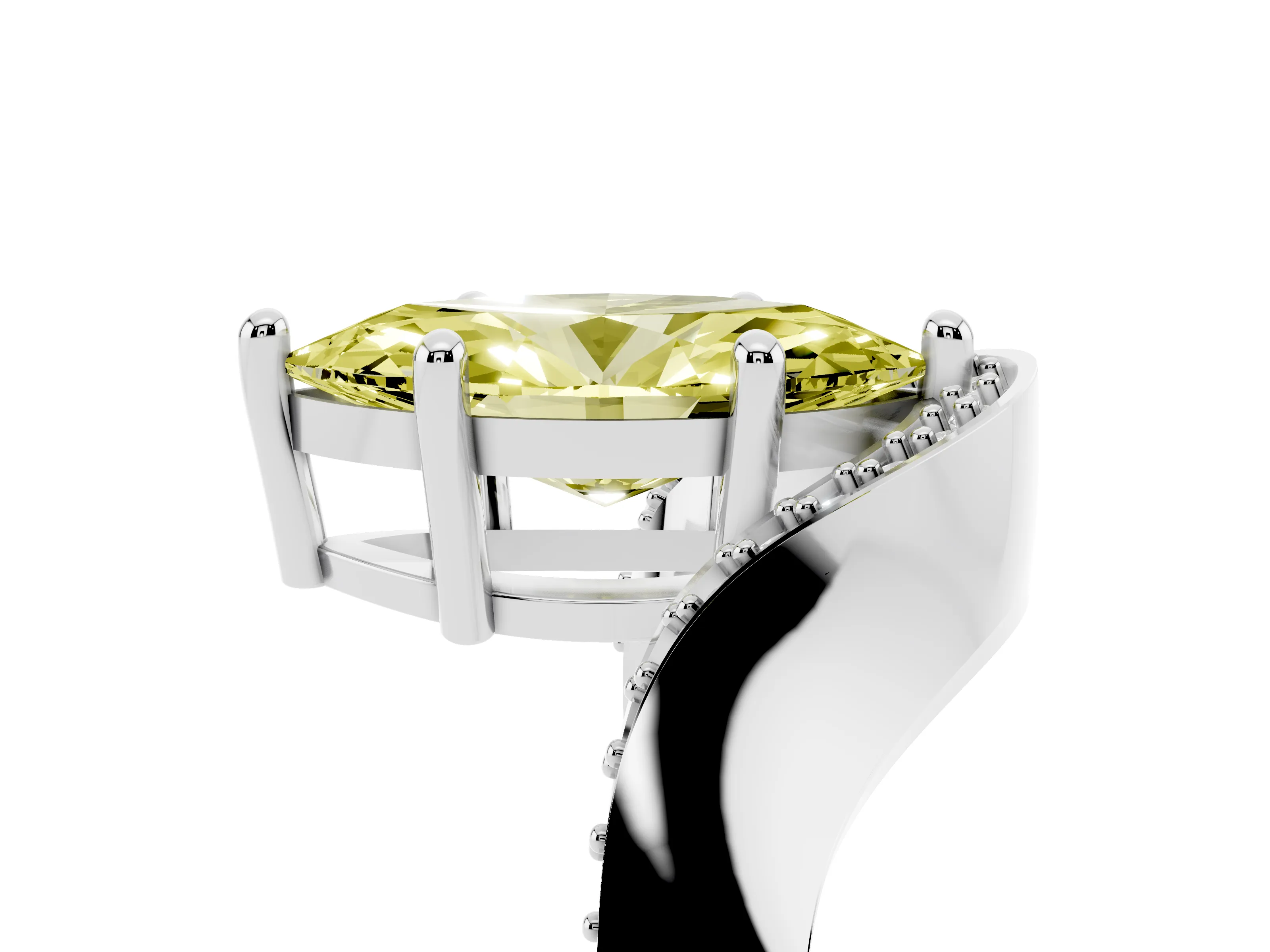 Fancy Yellow Marquise Cut Diamond Solitaire Engagement Ring Set in White gold with Pavé Shoulders