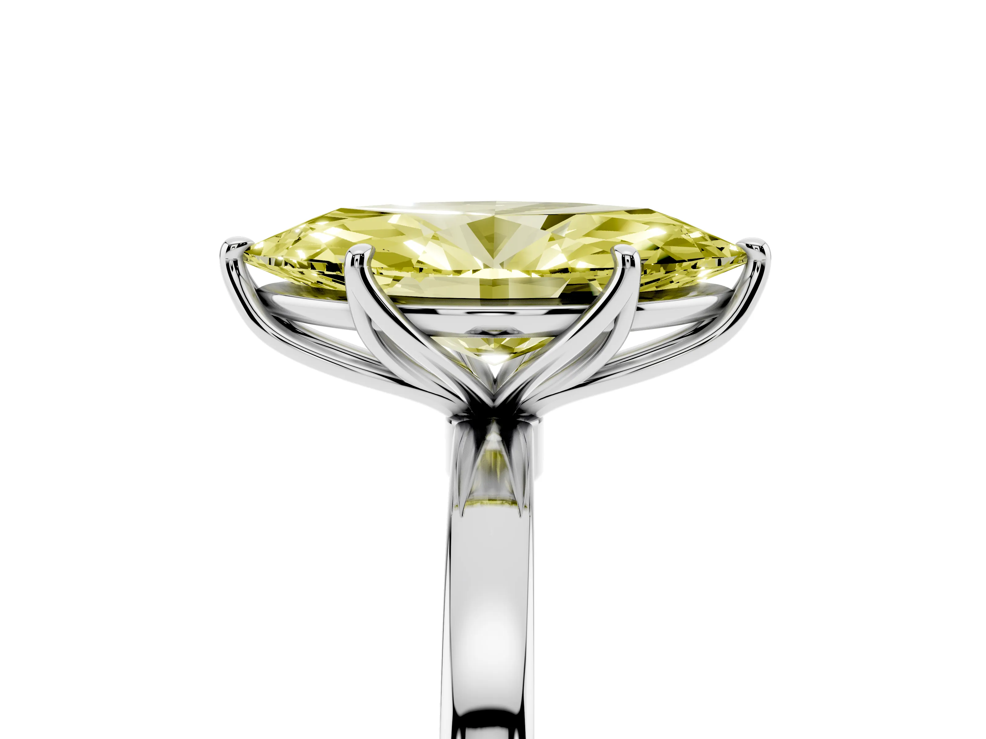 Fancy Yellow Marquise Cut Diamond Solitaire Ring Set in White gold with Prong Setting and Thin Polished Band