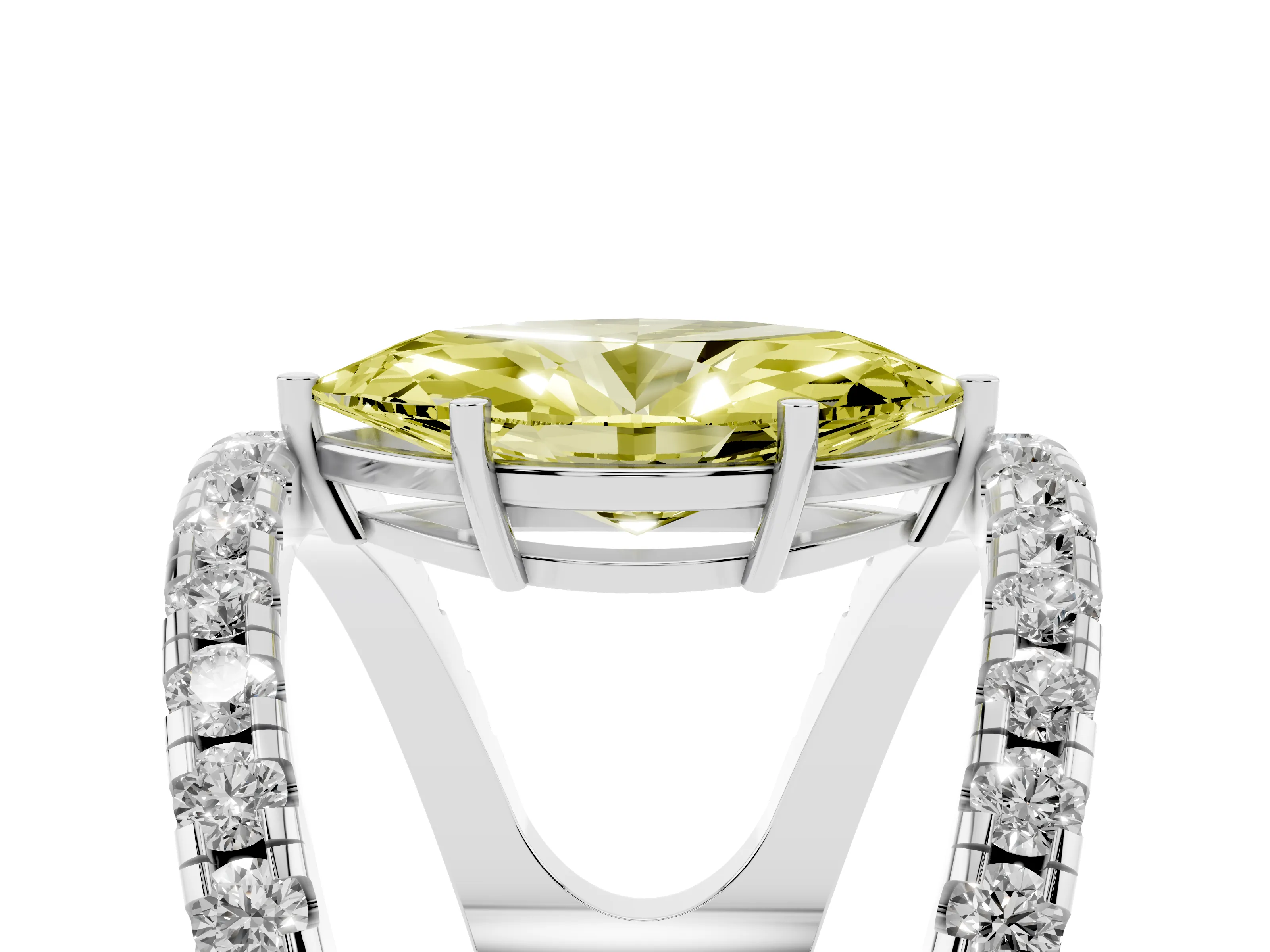 Fancy Yellow Marquise Cut Diamond Split Shank Pavé Solitaire Ring Set in Silver with Open Shank Design