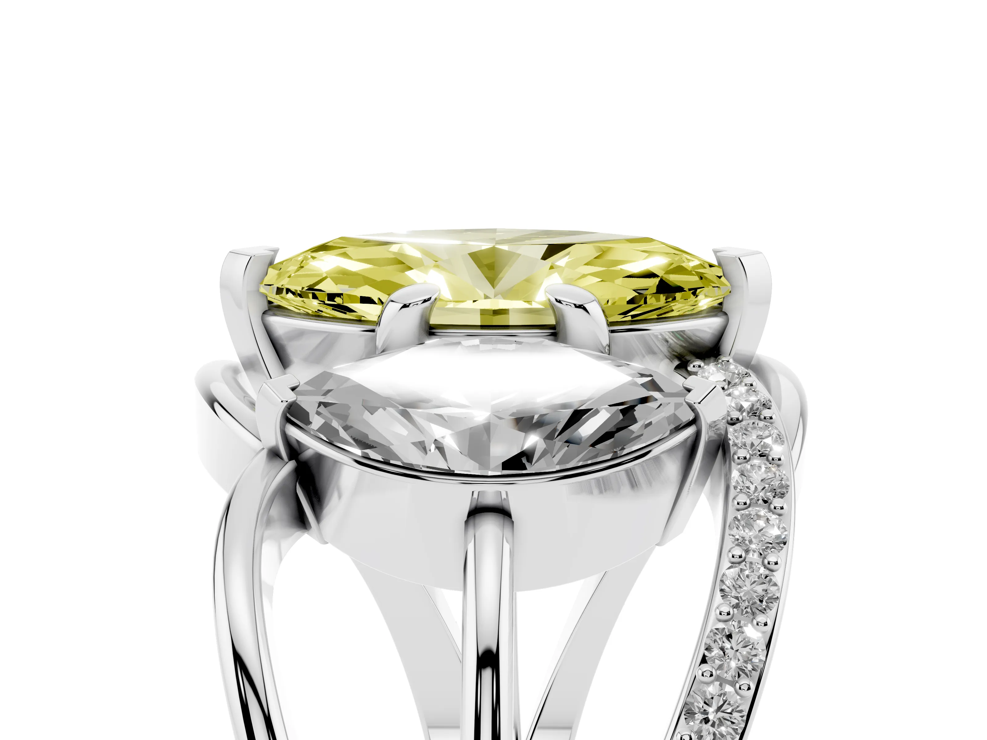 Fancy Yellow Marquise Cut Diamond Three-Stone Ring Set in Platinum with Split Shank and Prong Setting