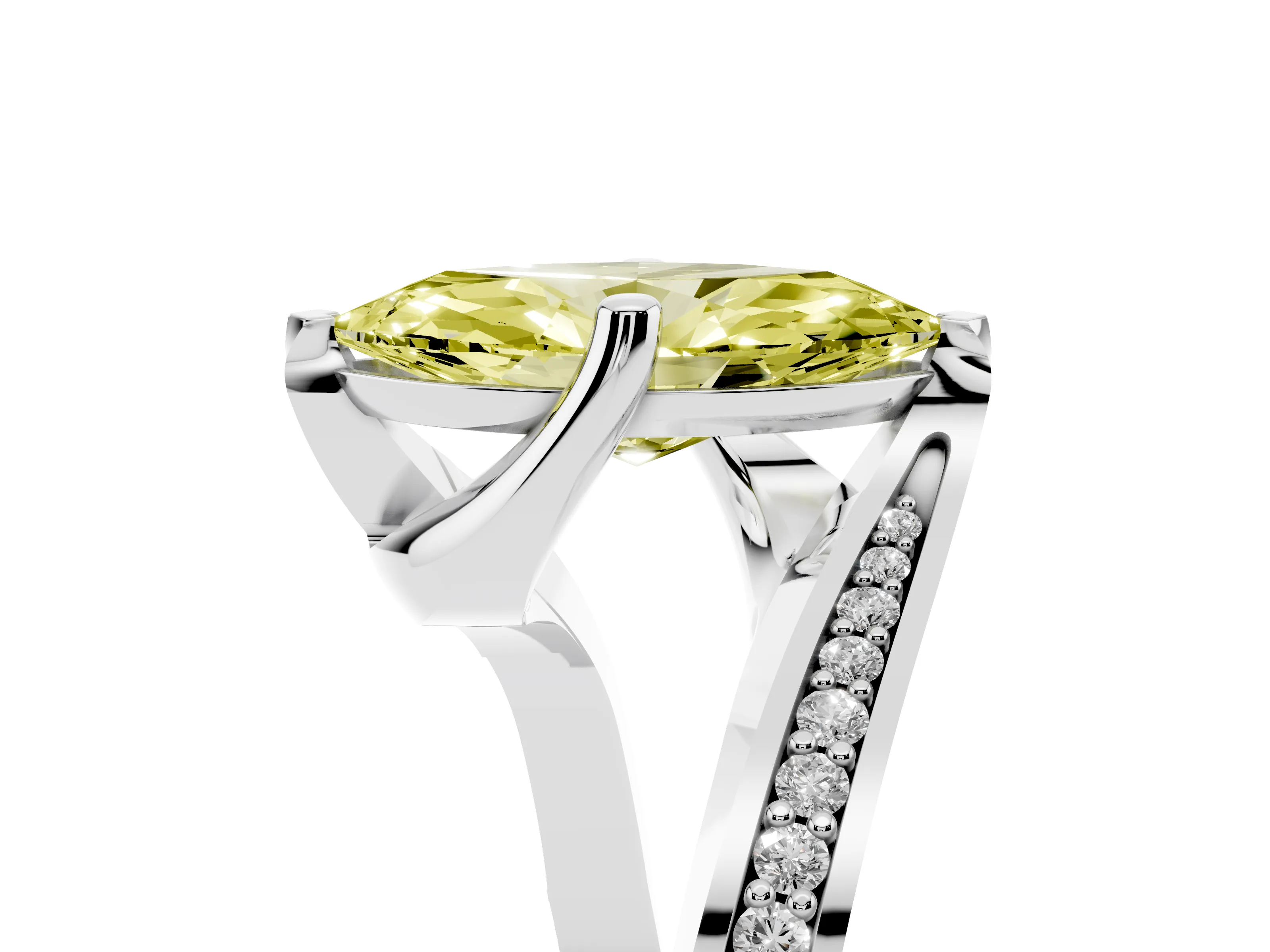 Fancy Yellow Marquise Cut Diamond Solitaire Ring Set in Platinum with Intertwined Pavé Twist Band
