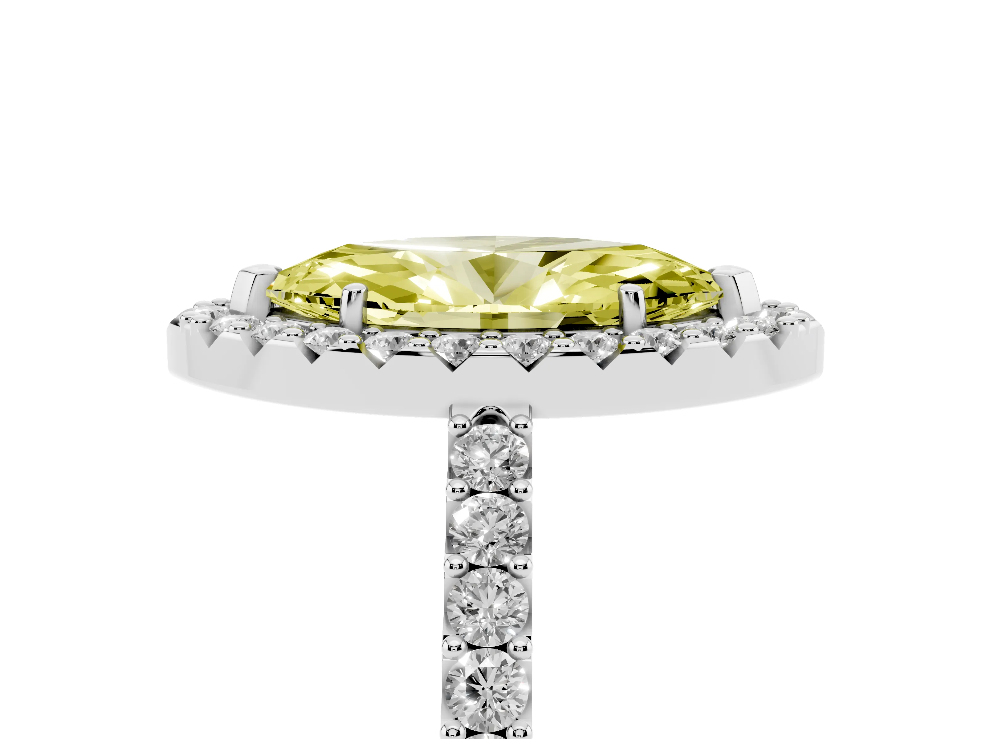 Fancy Yellow Marquise Cut Diamond Halo Pavé Solitaire Ring Set in White gold with Prong-Set Center Stone