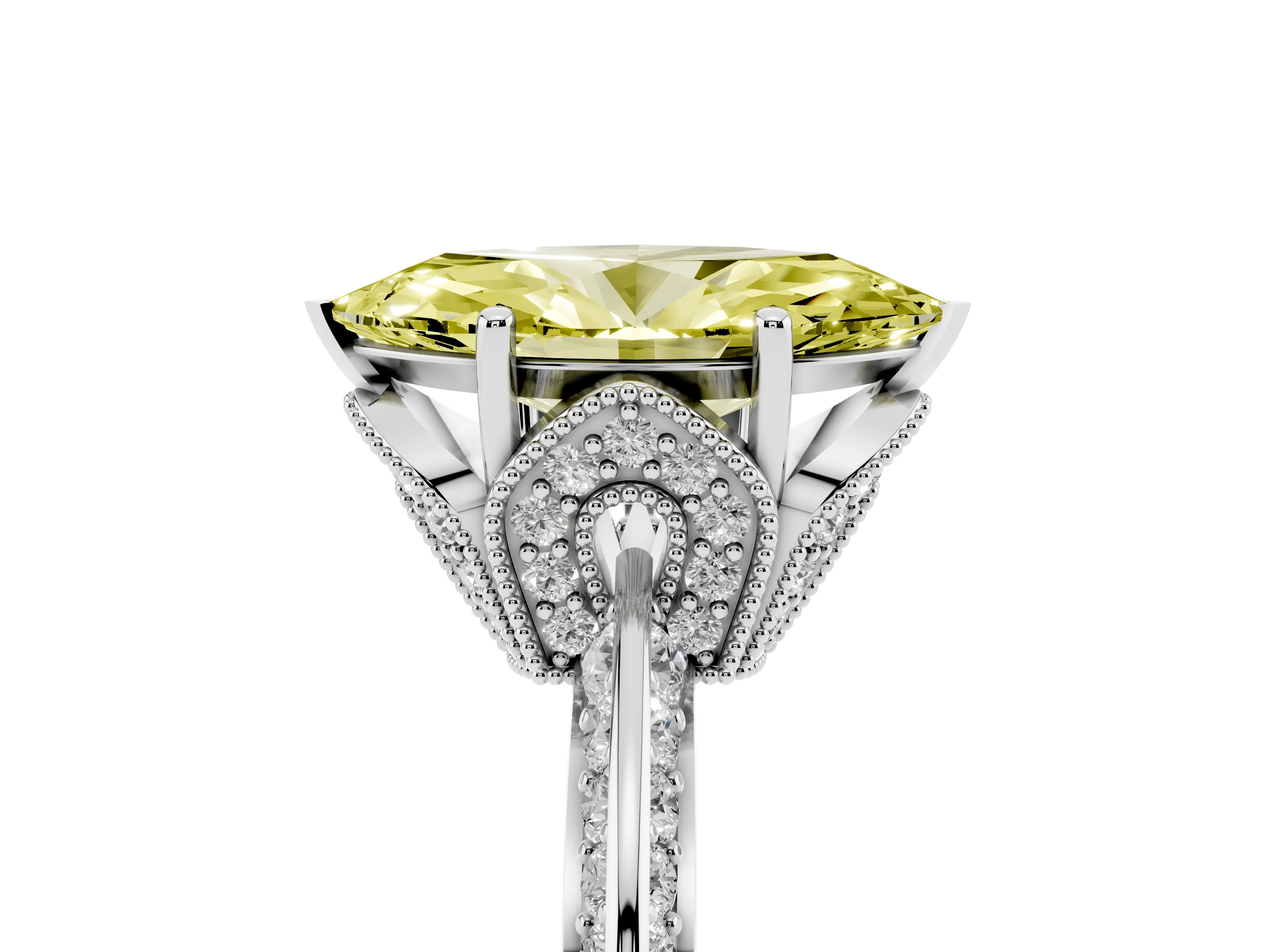Fancy Yellow Marquise Cut Diamond Solitaire Engagement Ring Set in Silver with Pavé Split Shank and Prong Setting