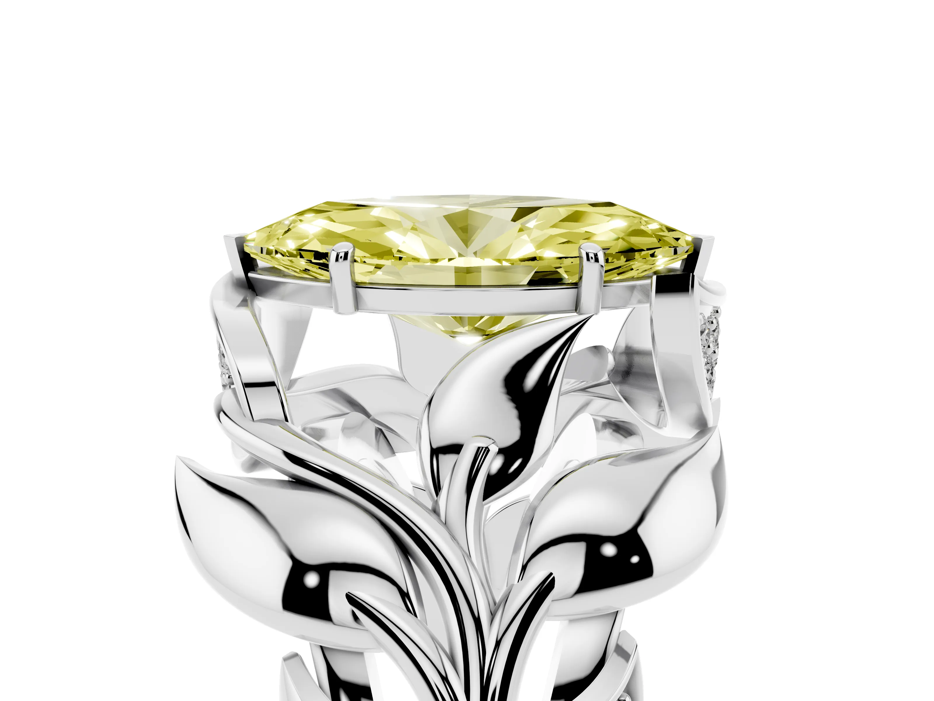 Fancy Yellow Marquise Cut Diamond Leaf-Inspired Engagement Ring Set in Platinum with Round Accents