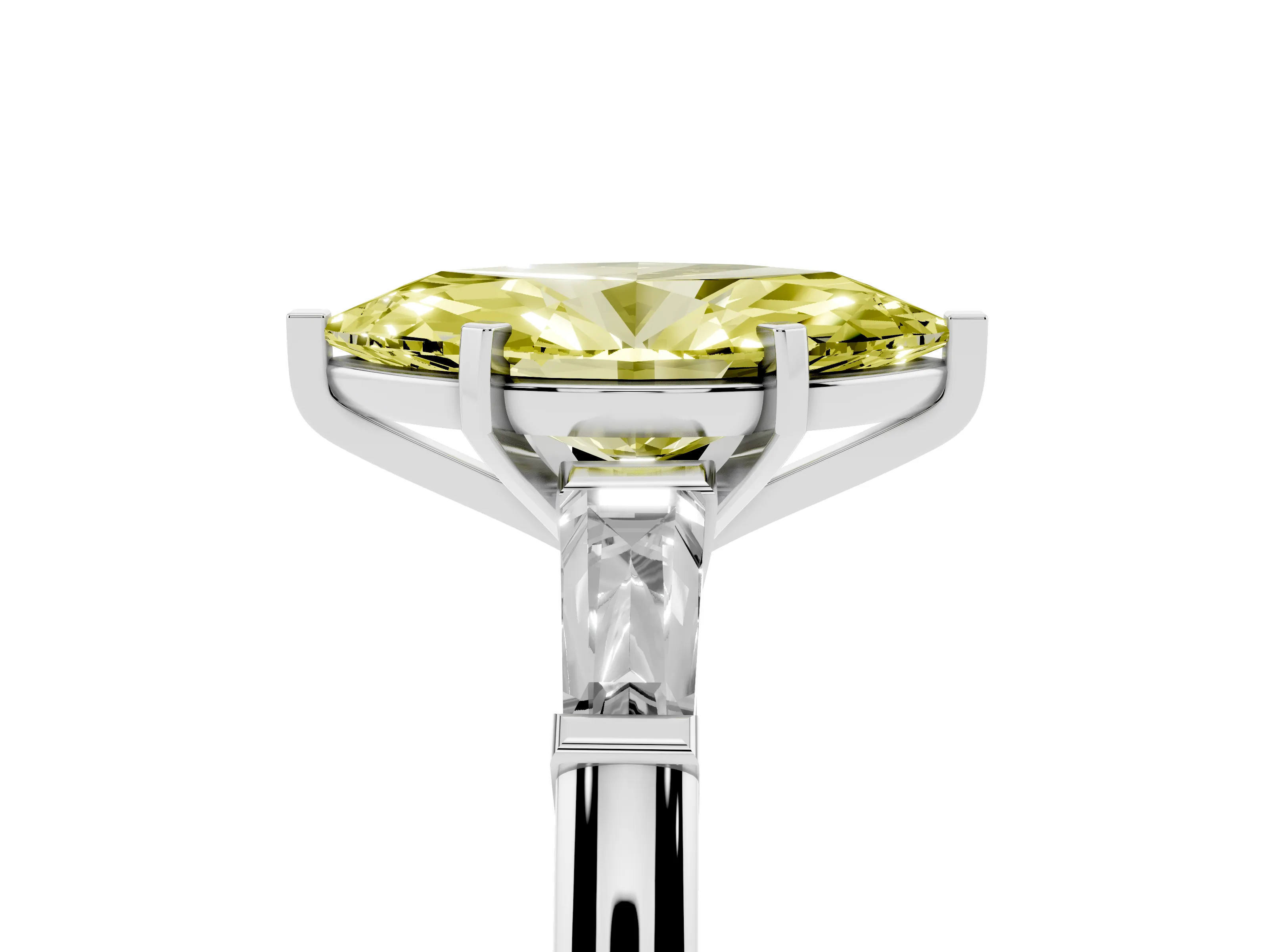 Fancy Yellow Marquise Cut Diamond Solitaire Ring Set in Platinum with Tapered Baguette Side Stones and Prong Setting