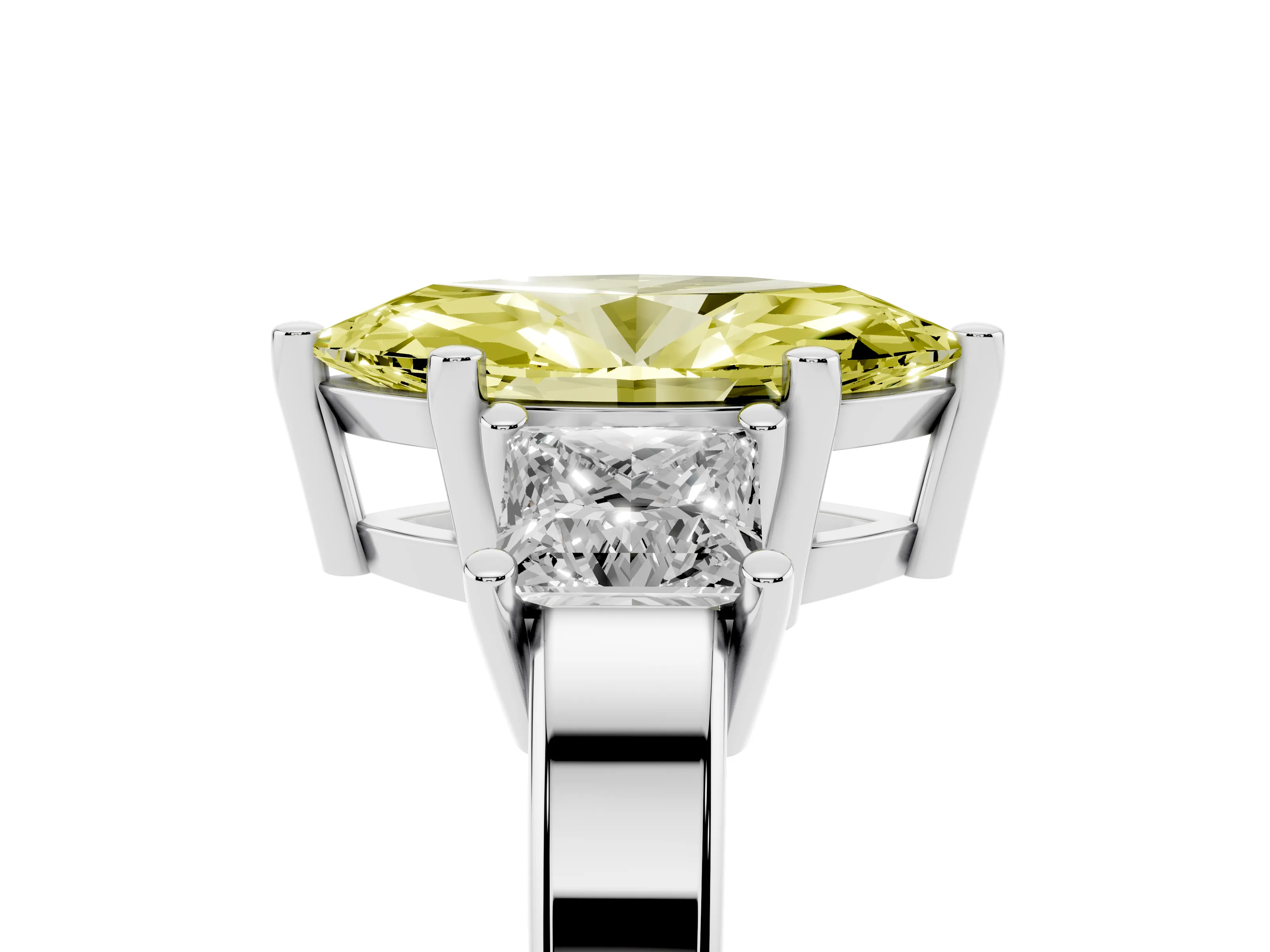 Fancy Yellow Three-Stone Marquise Cut Diamond Solitaire Ring Set in Platinum with Prong Setting