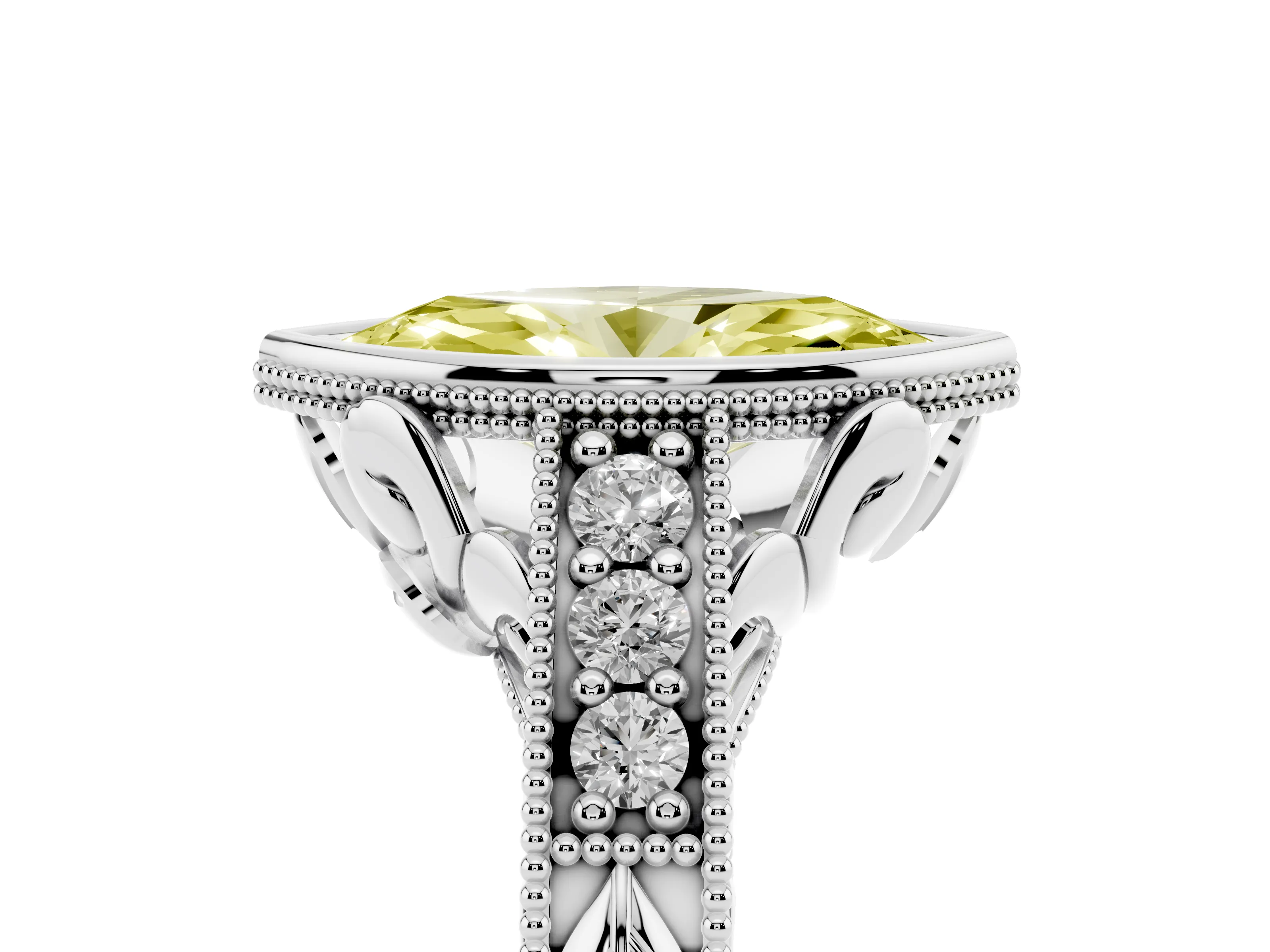 Fancy Yellow Bezel Set Marquise Cut Diamond Milgrain Pavé Engagement Ring Set in White gold