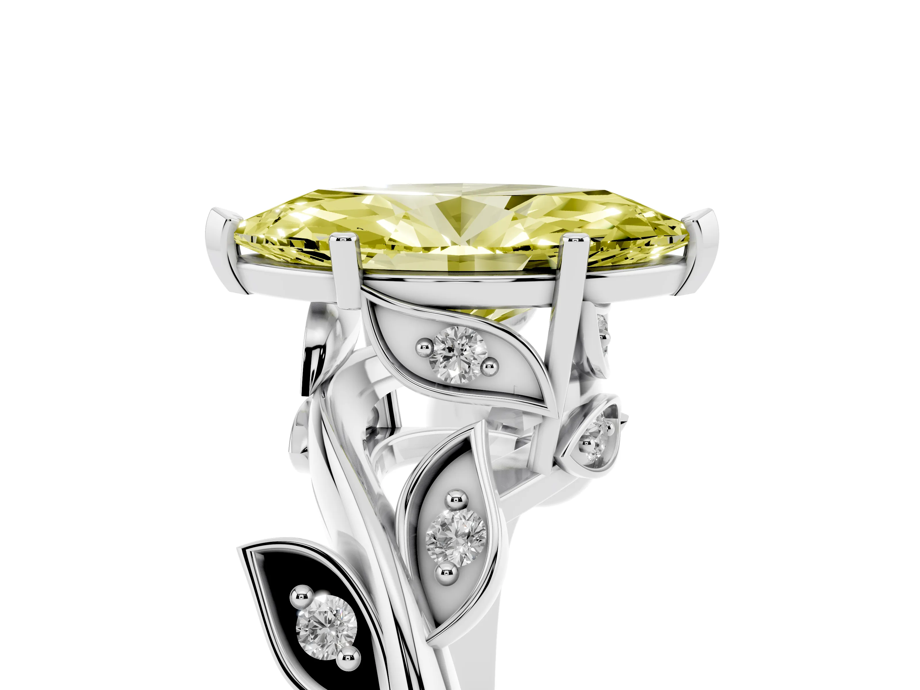 Fancy Yellow Marquise Cut Diamond Solitaire Twist Engagement Ring Set in Silver with Pavé Leaf Accents