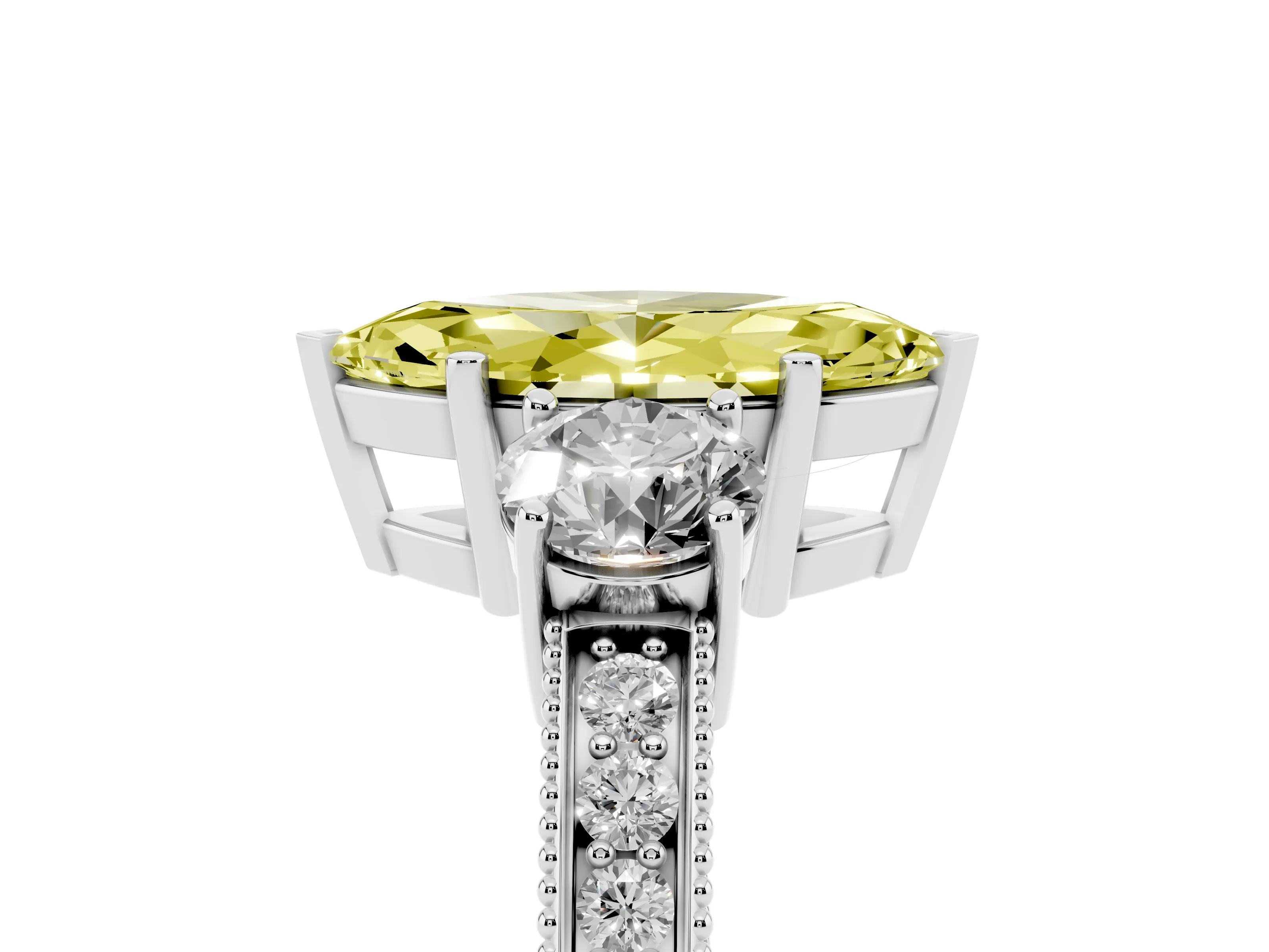 Fancy Yellow Marquise Cut Diamond Three-Stone Ring Set in White gold with Round Side Stones and Pavé Band