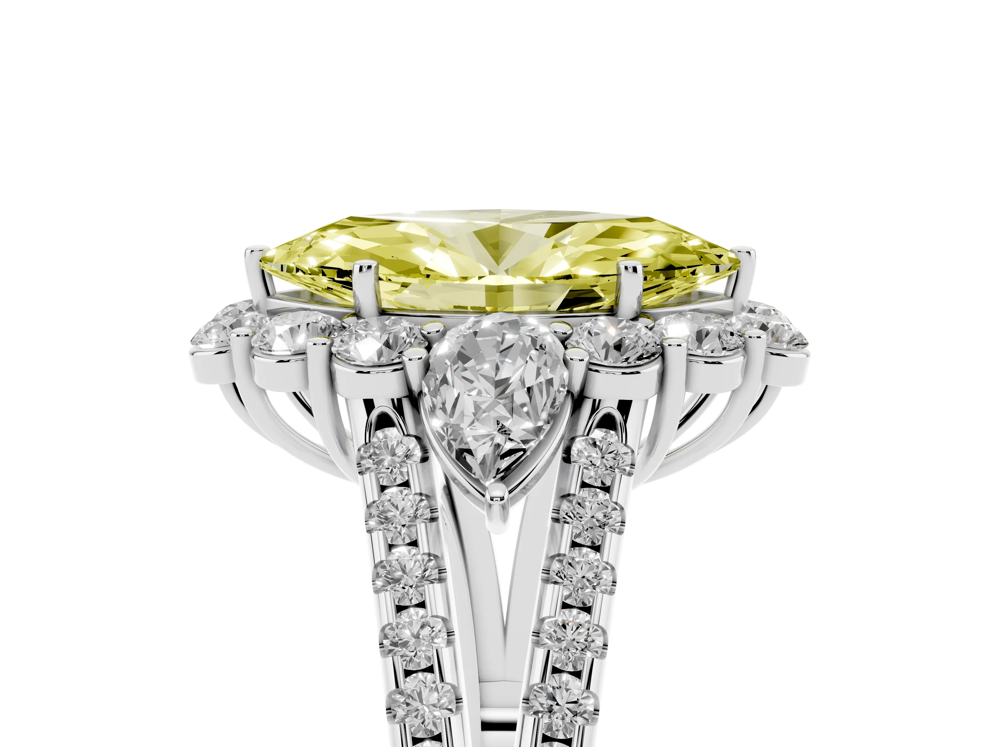 Fancy Yellow Marquise Cut Diamond Halo Split Shank Engagement Ring Set in Platinum with Prong-Held Center Stone