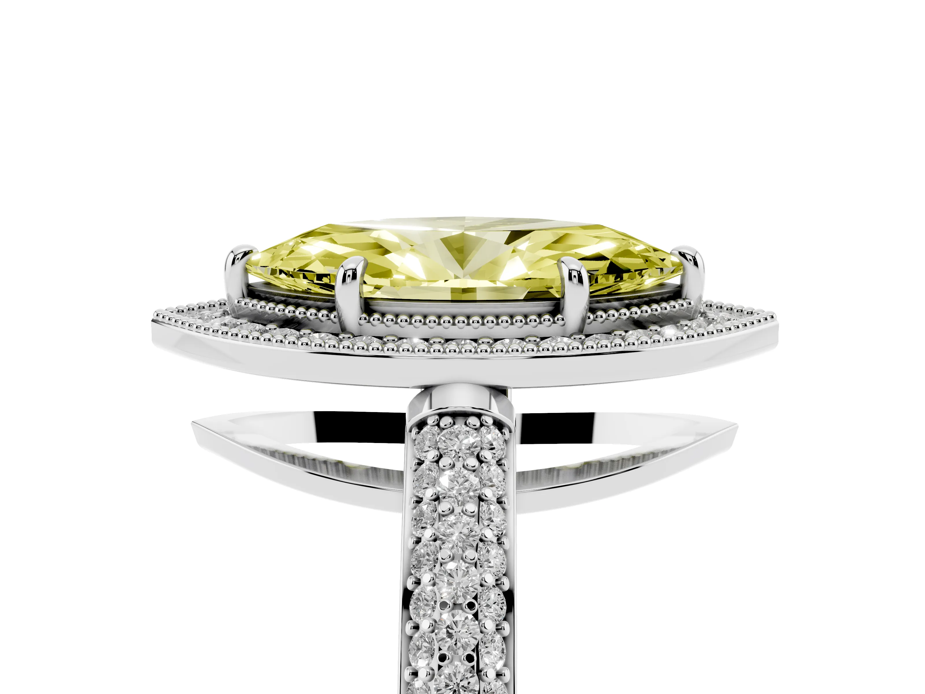 Fancy Yellow Marquise Cut Diamond Halo Pavé Band Set in Silver with Prong Setting