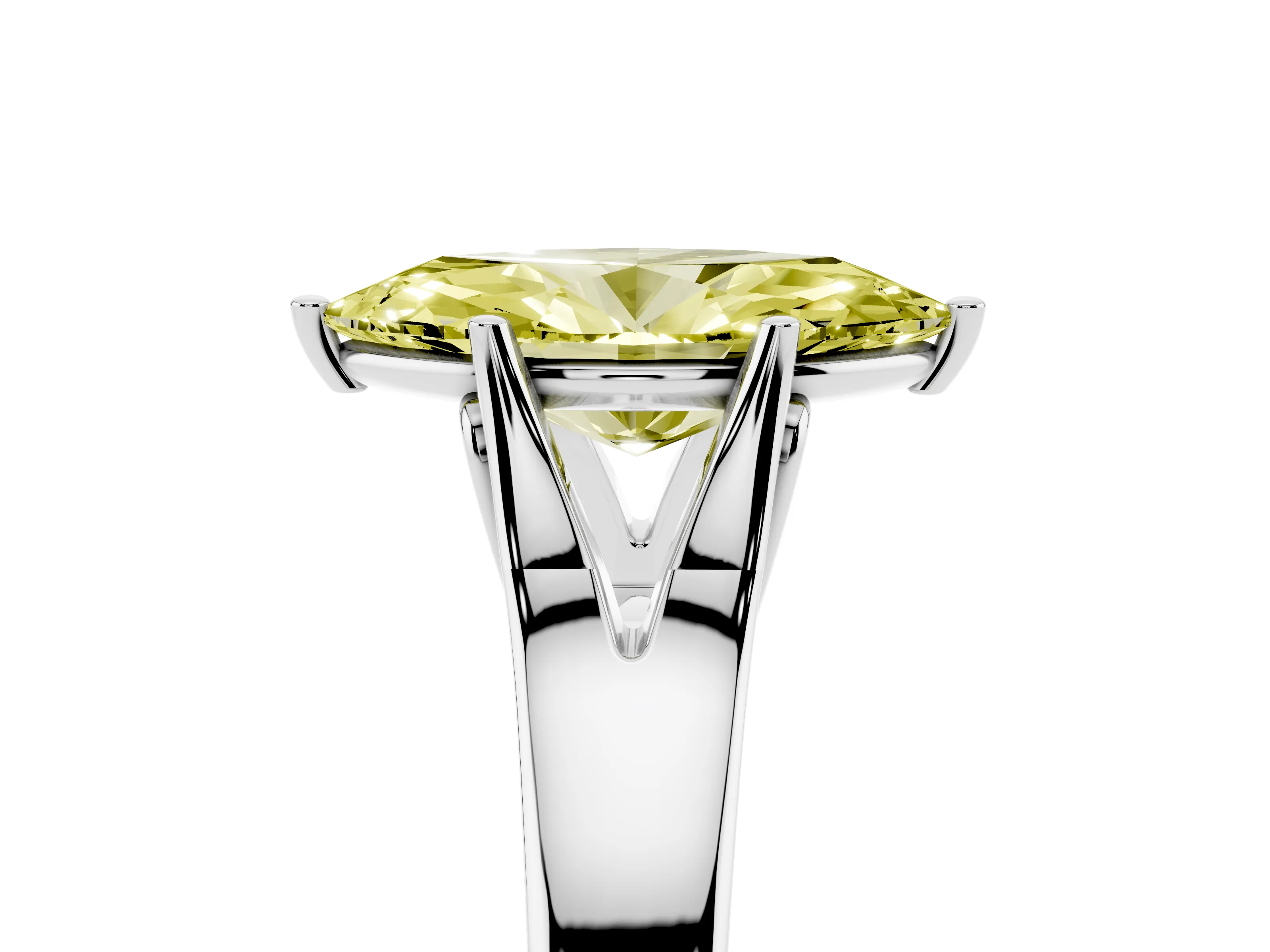 Fancy Yellow Marquise Cut Diamond Solitaire Ring Set in White gold with Arched Cathedral Band and Prong Setting