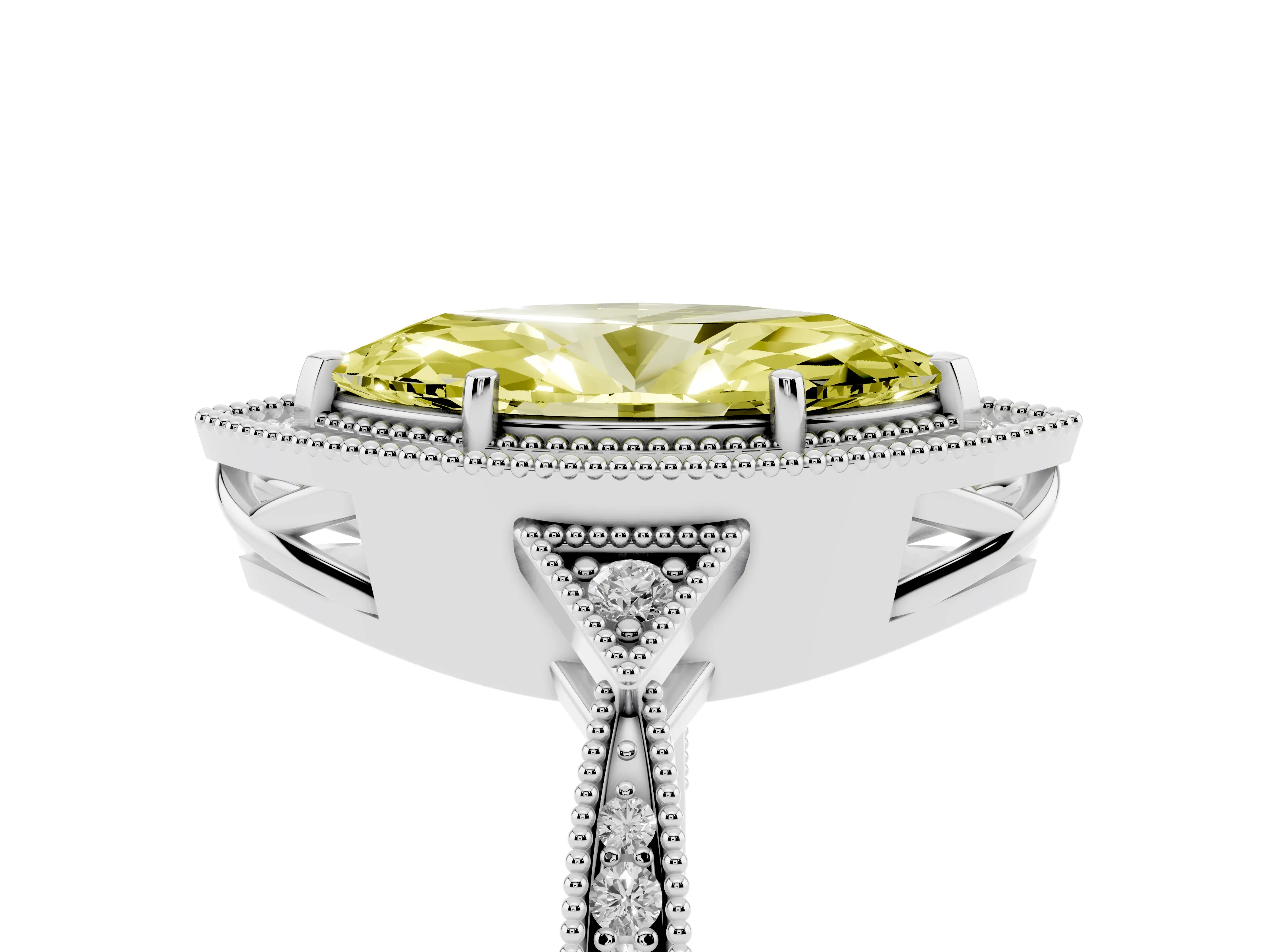 Fancy Yellow Marquise Cut Diamond Halo Engagement Ring Set in Platinum with Milgrain Pavé Band