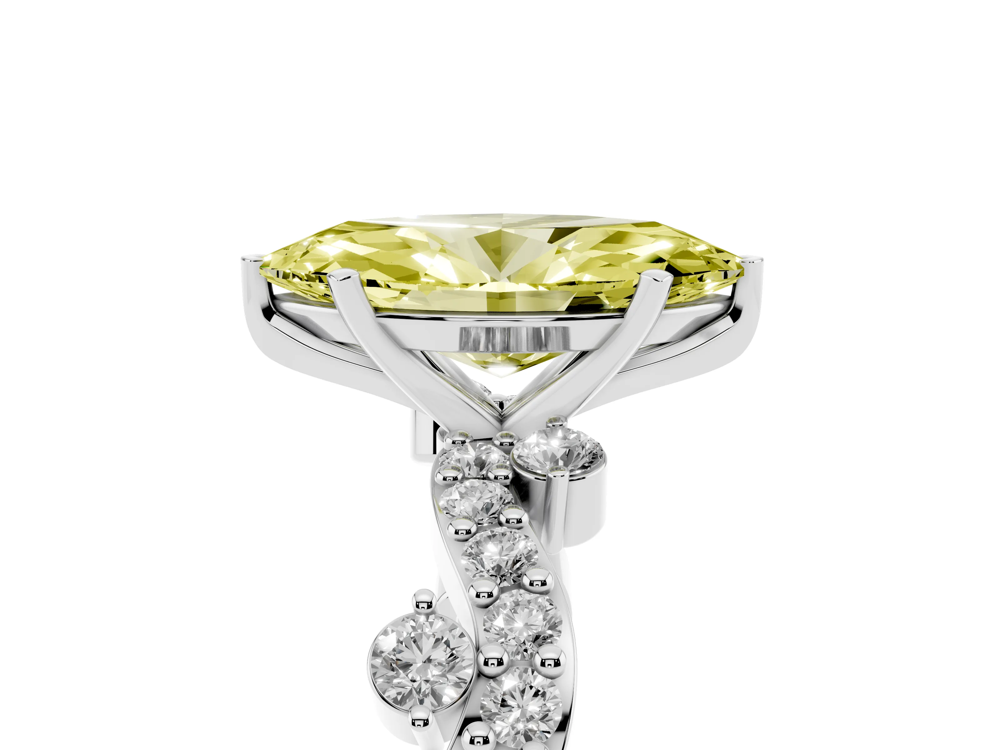 Fancy Yellow Marquise Cut Diamond Solitaire Twisted Band Set in Platinum with Pavé Setting