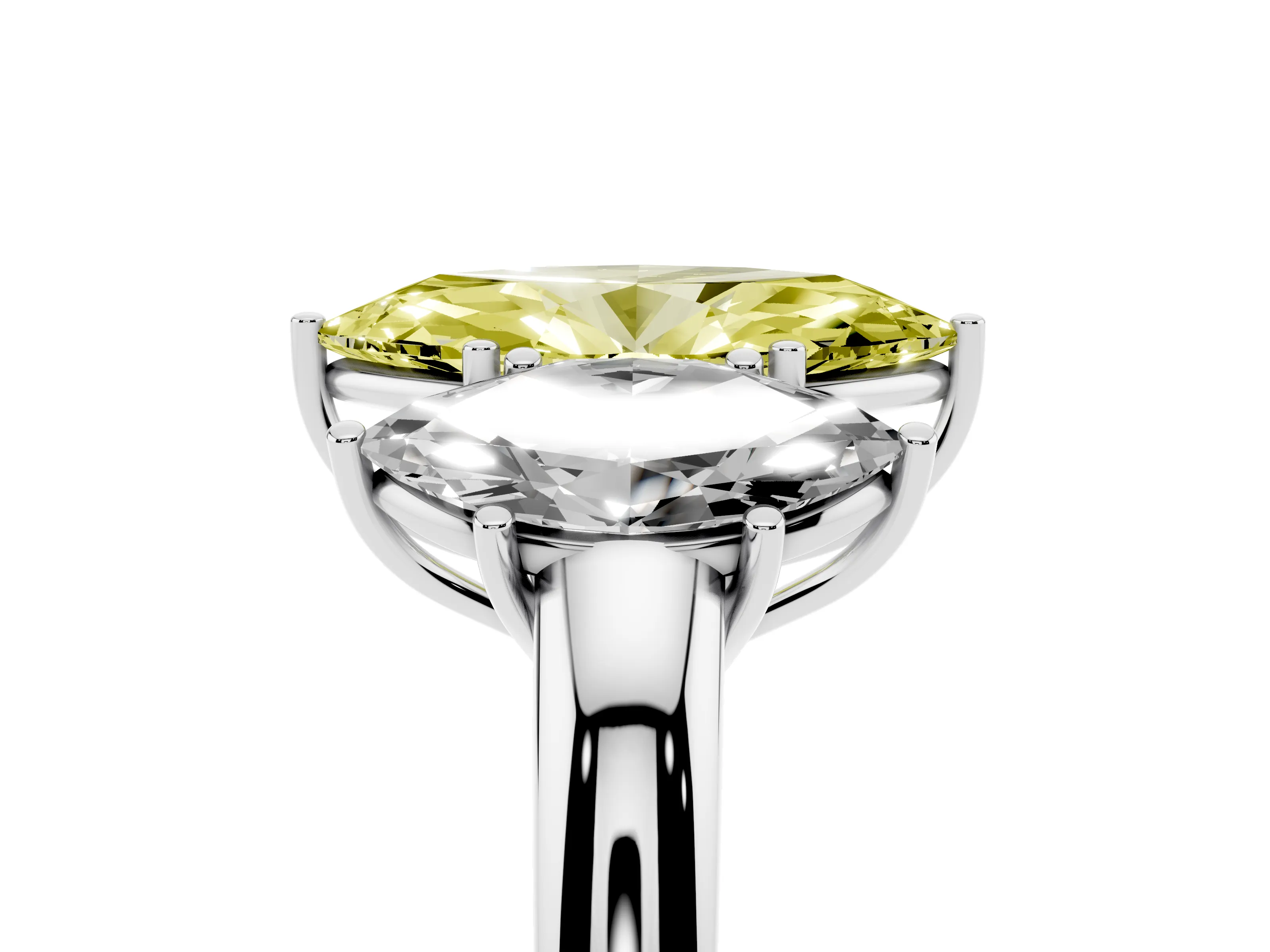 Fancy Yellow Marquise Cut Diamond Three-Stone Ring Set in White gold with Bold Center and Classic Band