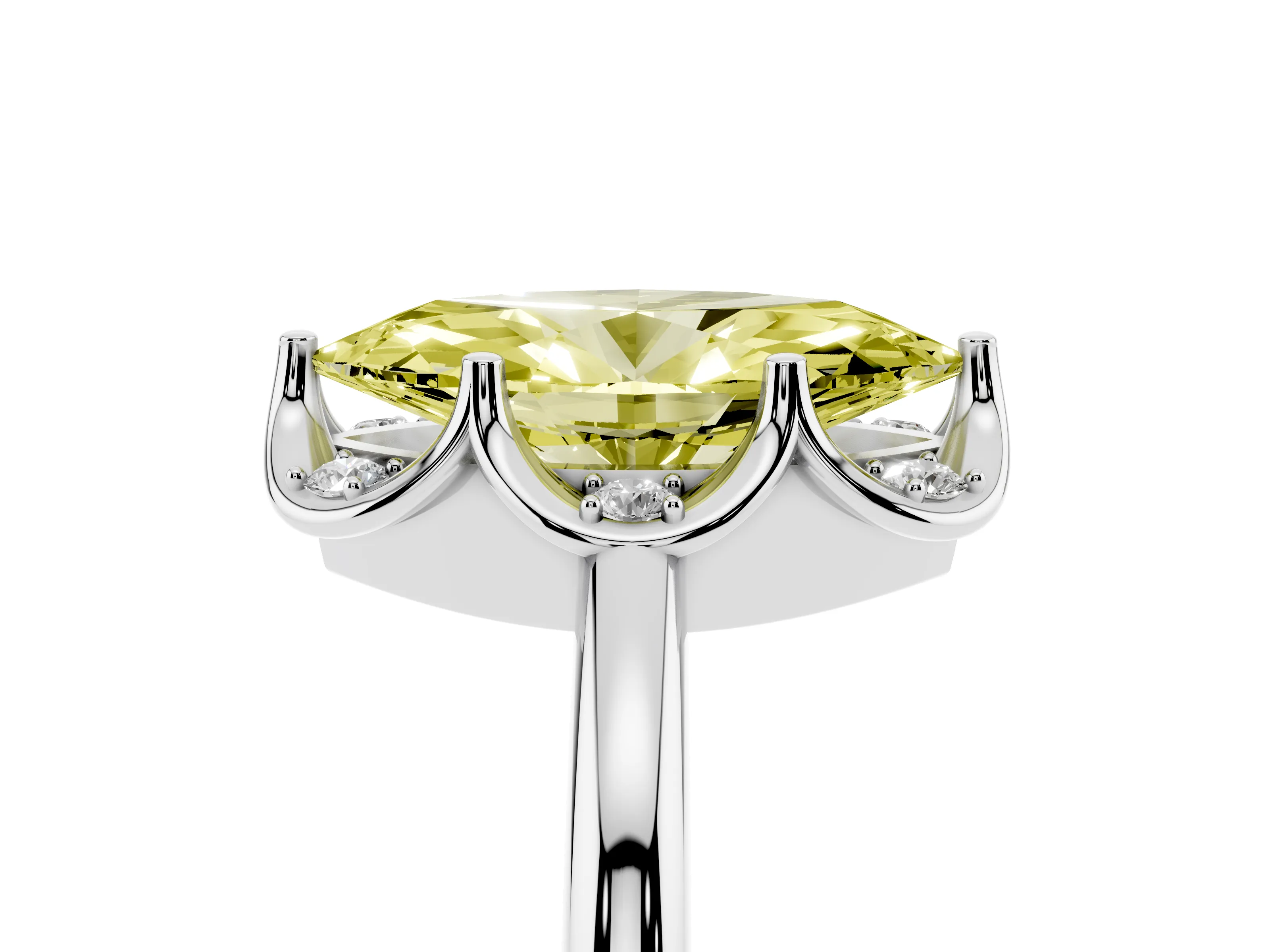 Fancy Yellow Marquise Cut Diamond Round Cluster Halo Ring Set in White gold with Solitaire Band and Prong Setting
