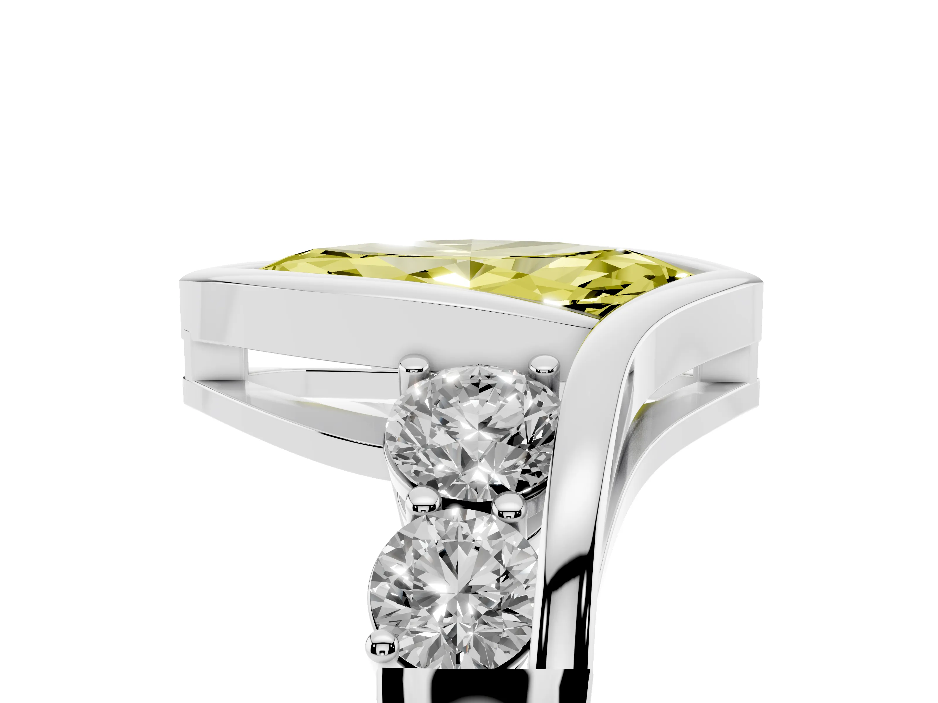 Fancy Yellow Marquise Cut Diamond Bezel Bypass Ring Set in Silver with Round Accents