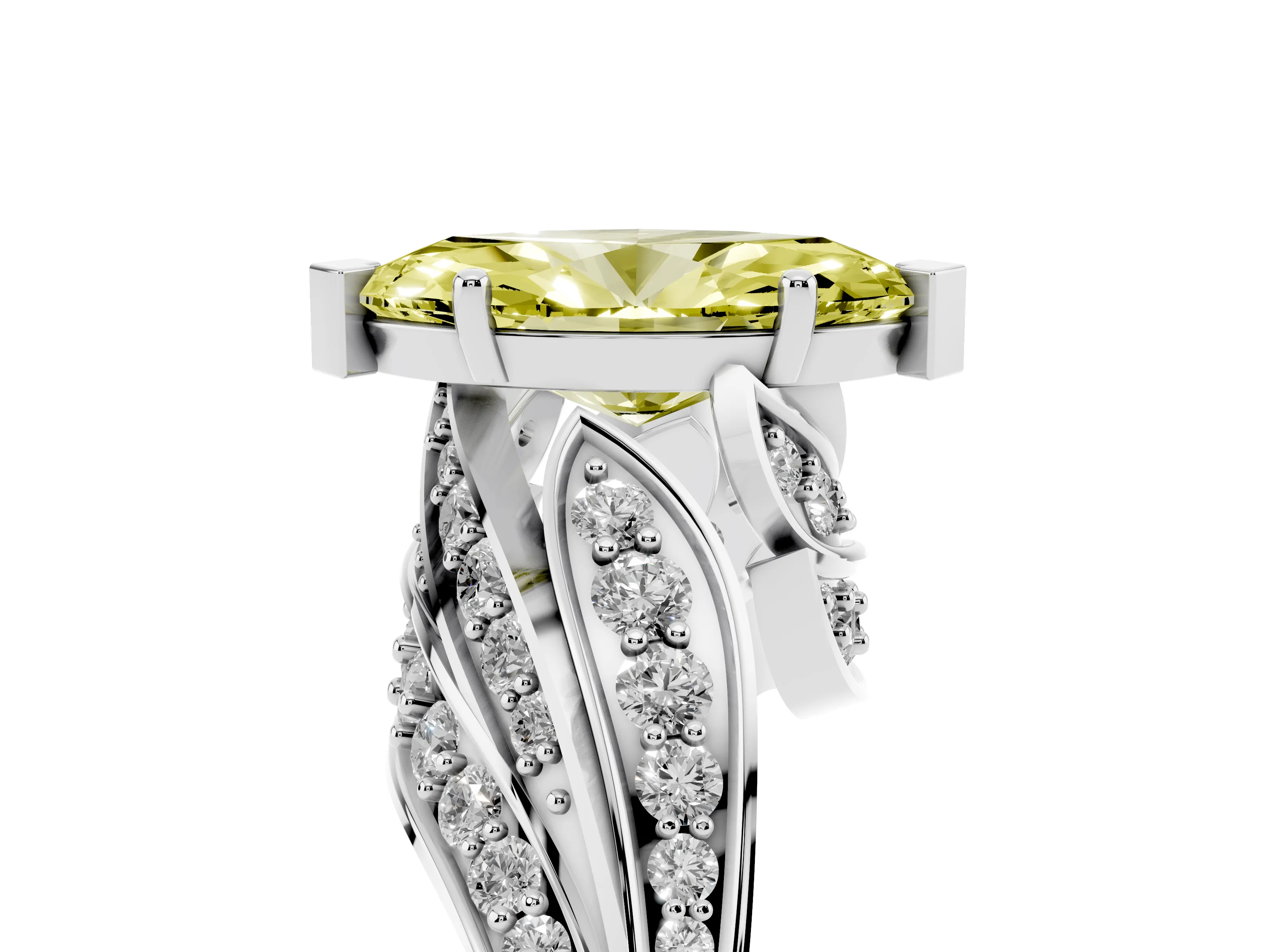 Fancy Yellow Marquise Cut Diamond Solitaire Ring Set in Platinum with Layered Twist Pavé Band