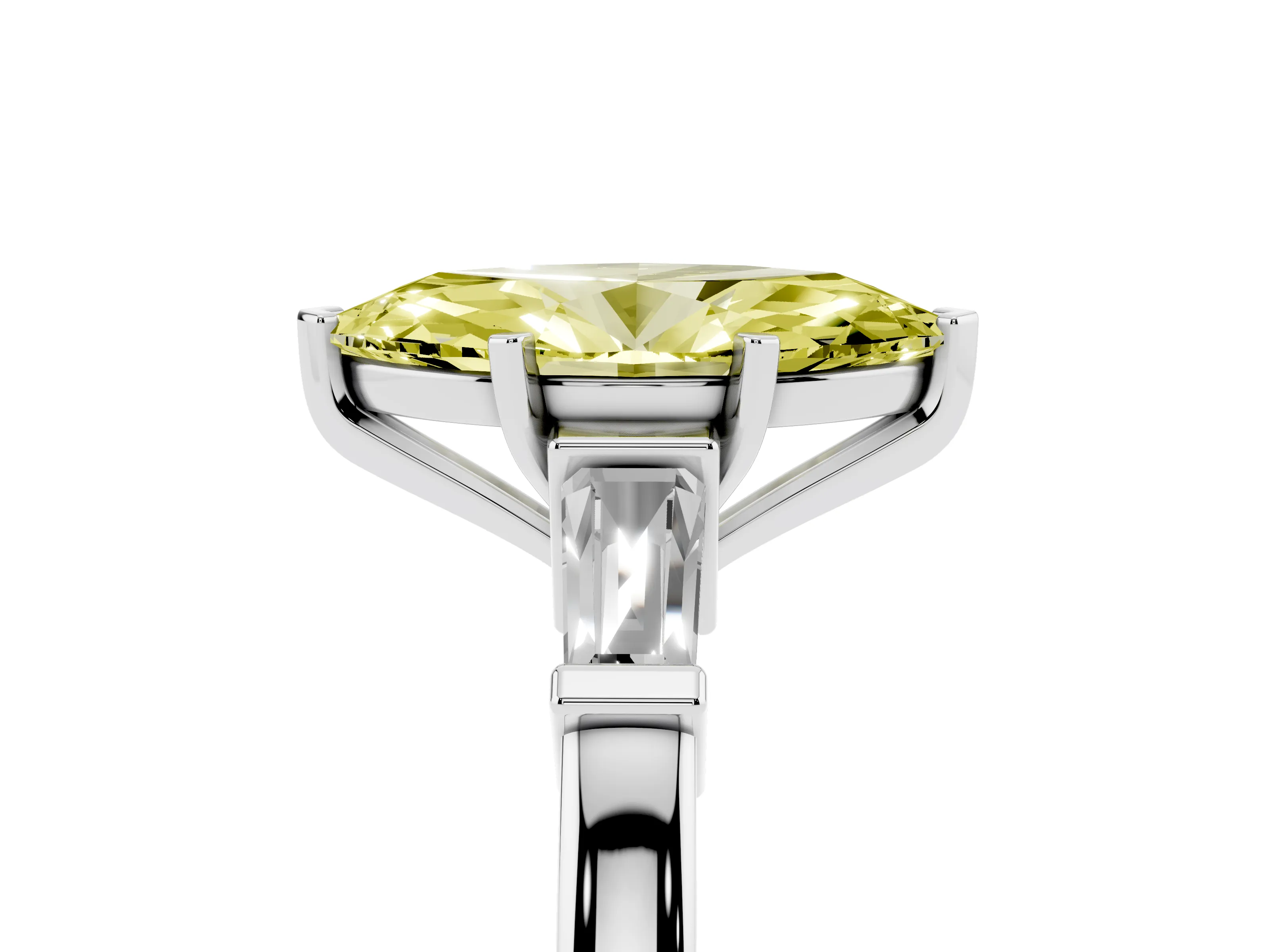 Fancy Yellow Marquise Cut Diamond Solitaire Ring Set in White gold with Tapered Baguette Accents and Prong Setting