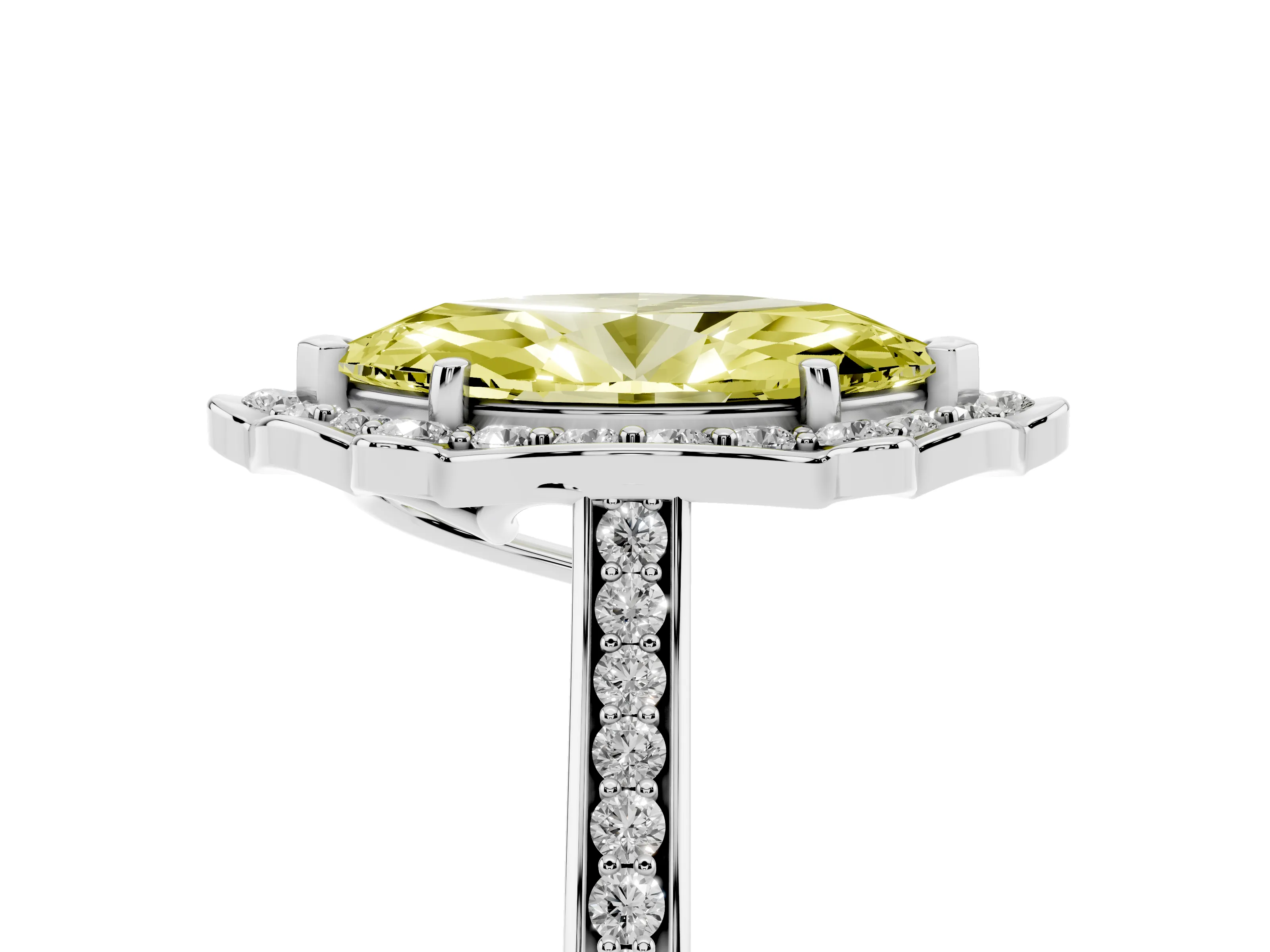 Fancy Yellow Marquise Cut Diamond Halo Ring Set in White gold with Pavé-Lined Shoulders and Prong Setting