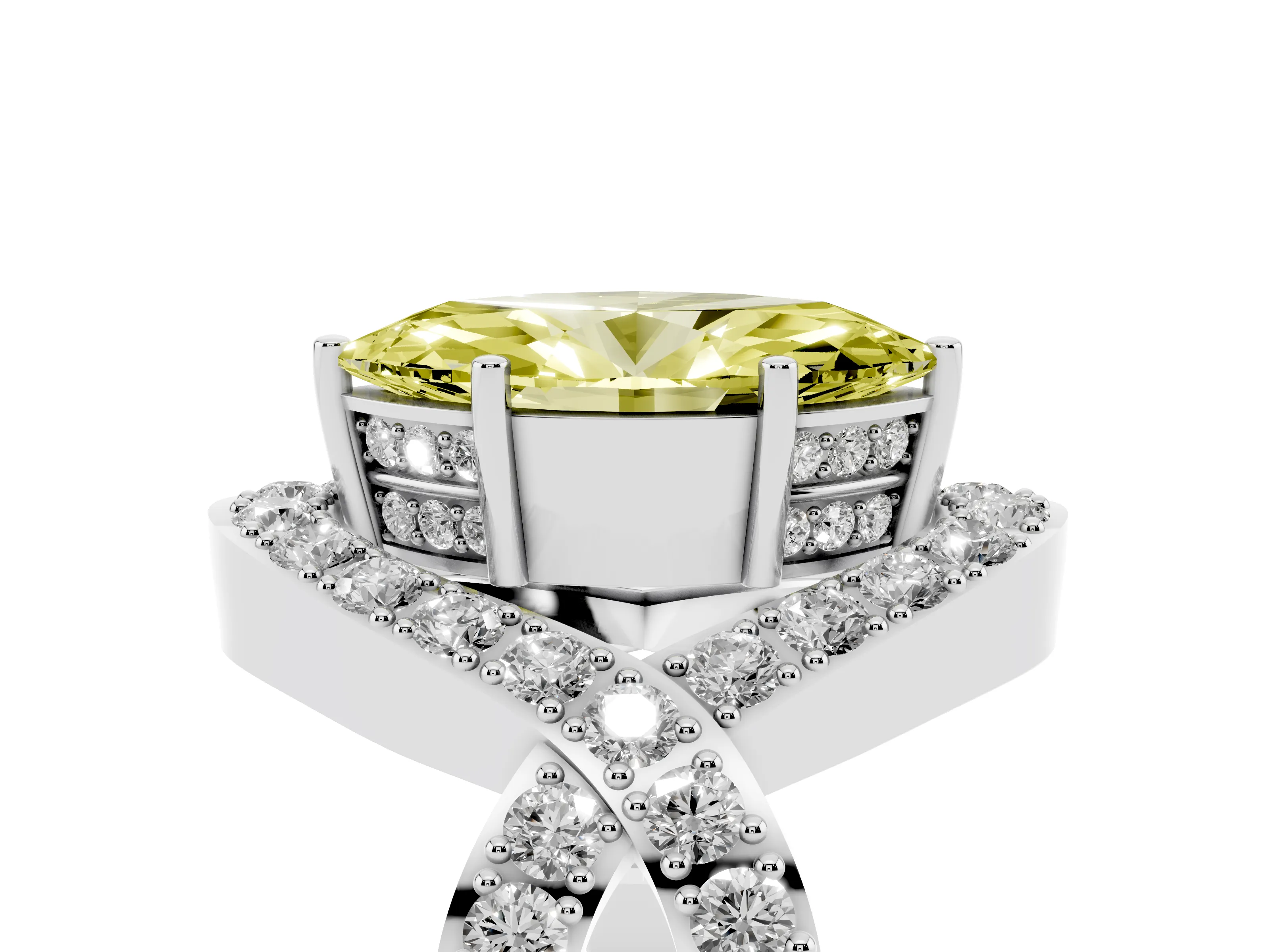 Fancy Yellow Marquise Cut Diamond Solitaire Twist Band Pavé Engagement Ring Set in Platinum