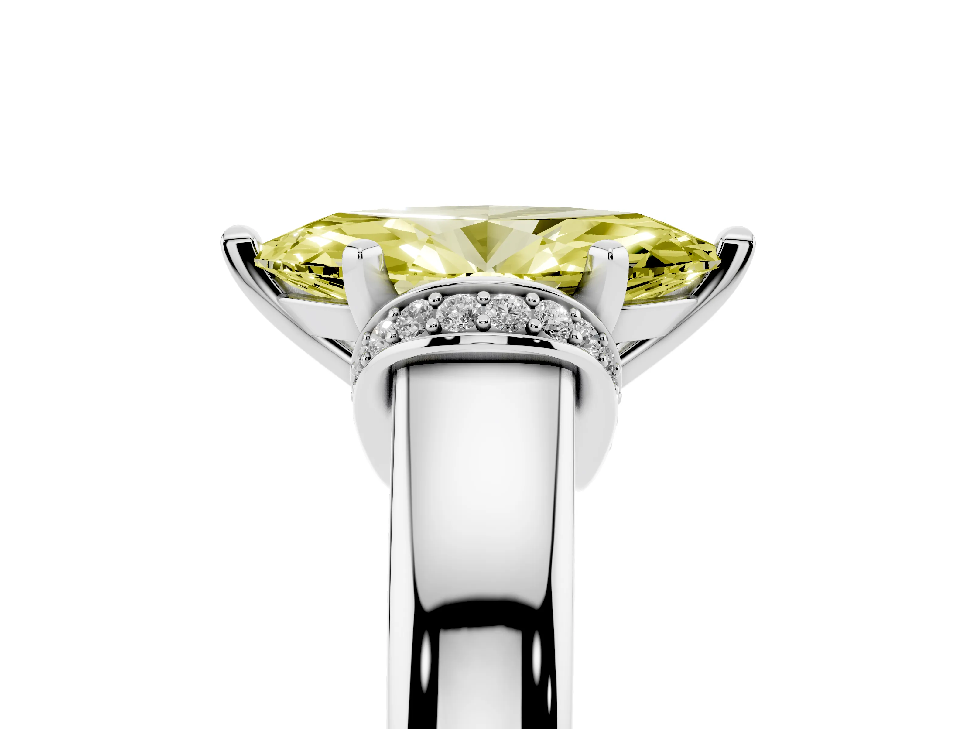 Fancy Yellow Marquise Cut Diamond Pavé Band Solitaire Ring Set in Platinum with Prong Setting