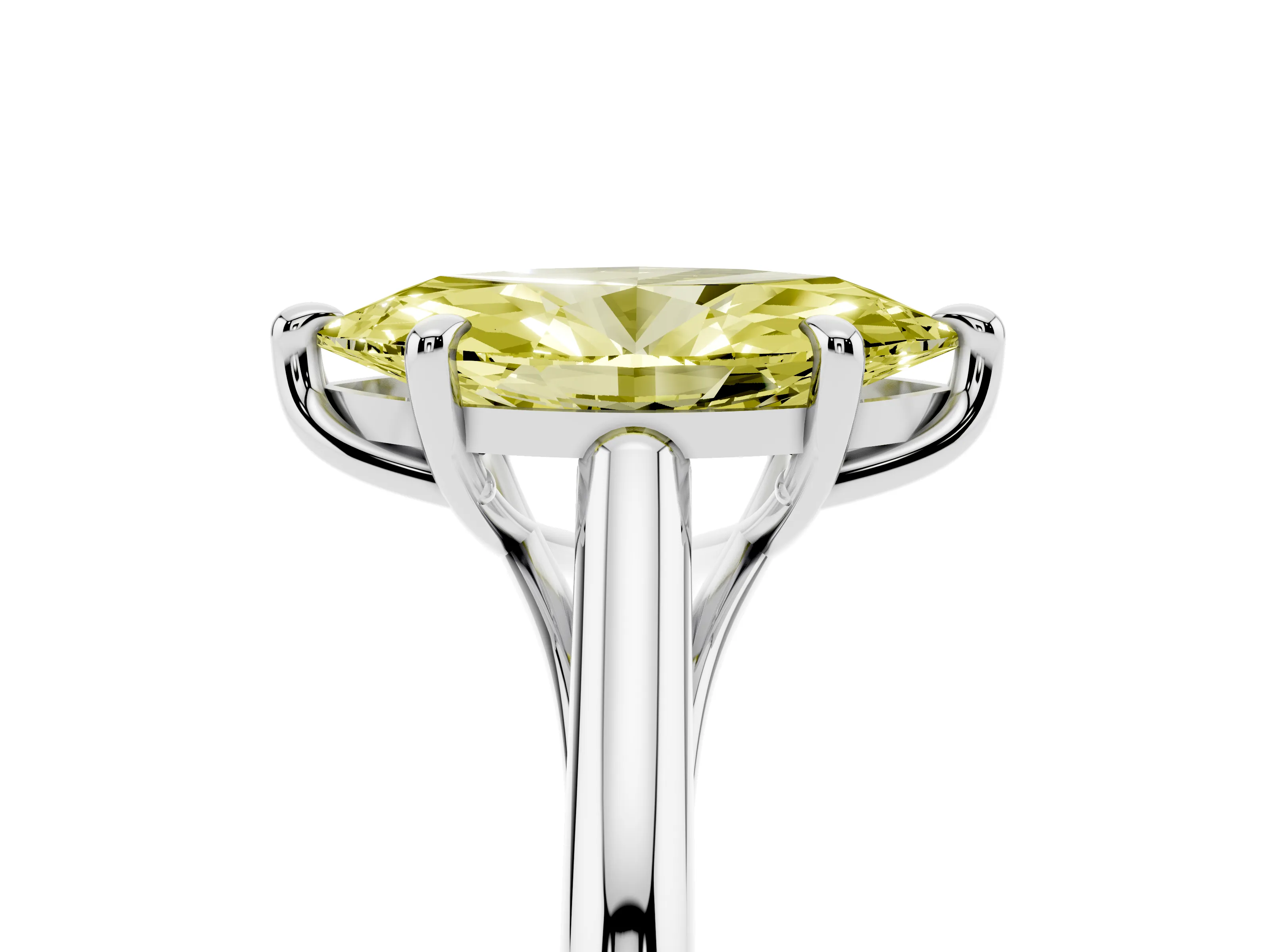 Fancy Yellow Marquise Cut Diamond Solitaire Engagement Ring Set in Platinum with Prong Setting and Plain Classic Band
