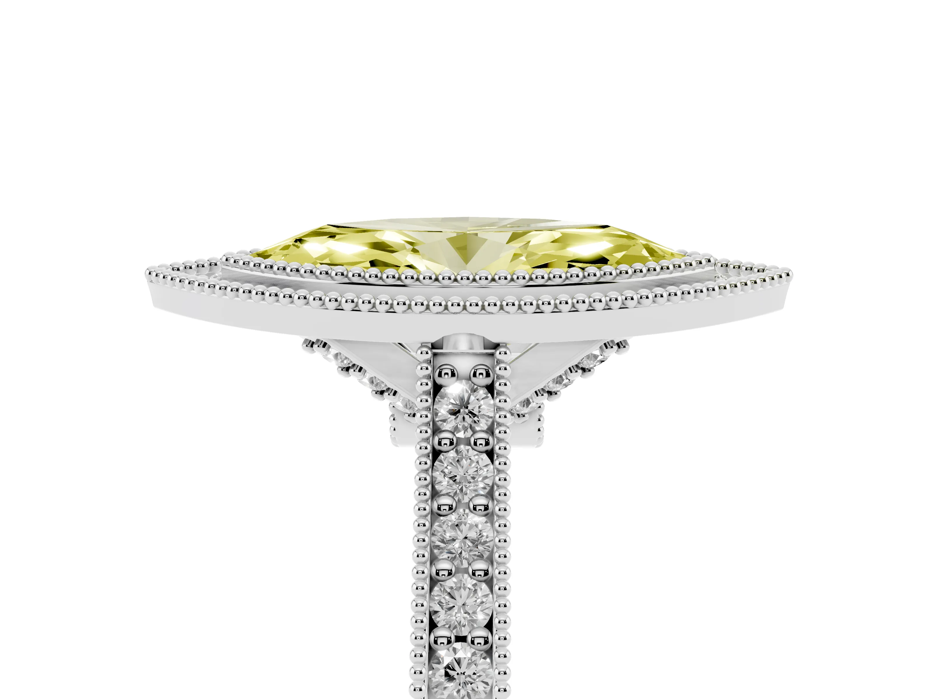 Fancy Yellow Marquise Cut Diamond Halo Milgrain Pavé Band Ring Set in Platinum with Prong Setting