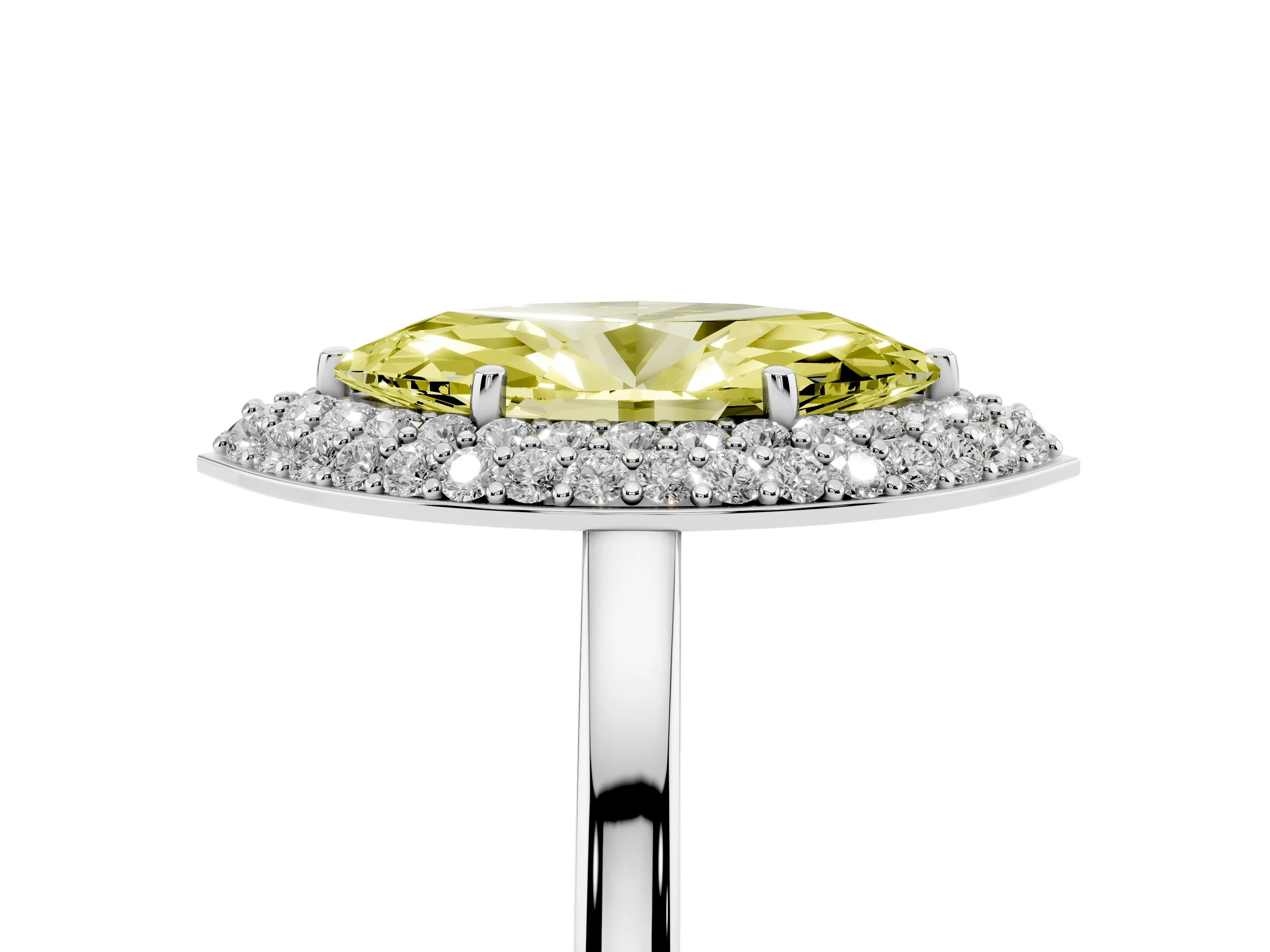 Fancy Yellow Marquise Cut Diamond Halo Engagement Ring Set in Platinum with Solitaire Band and Prong Setting