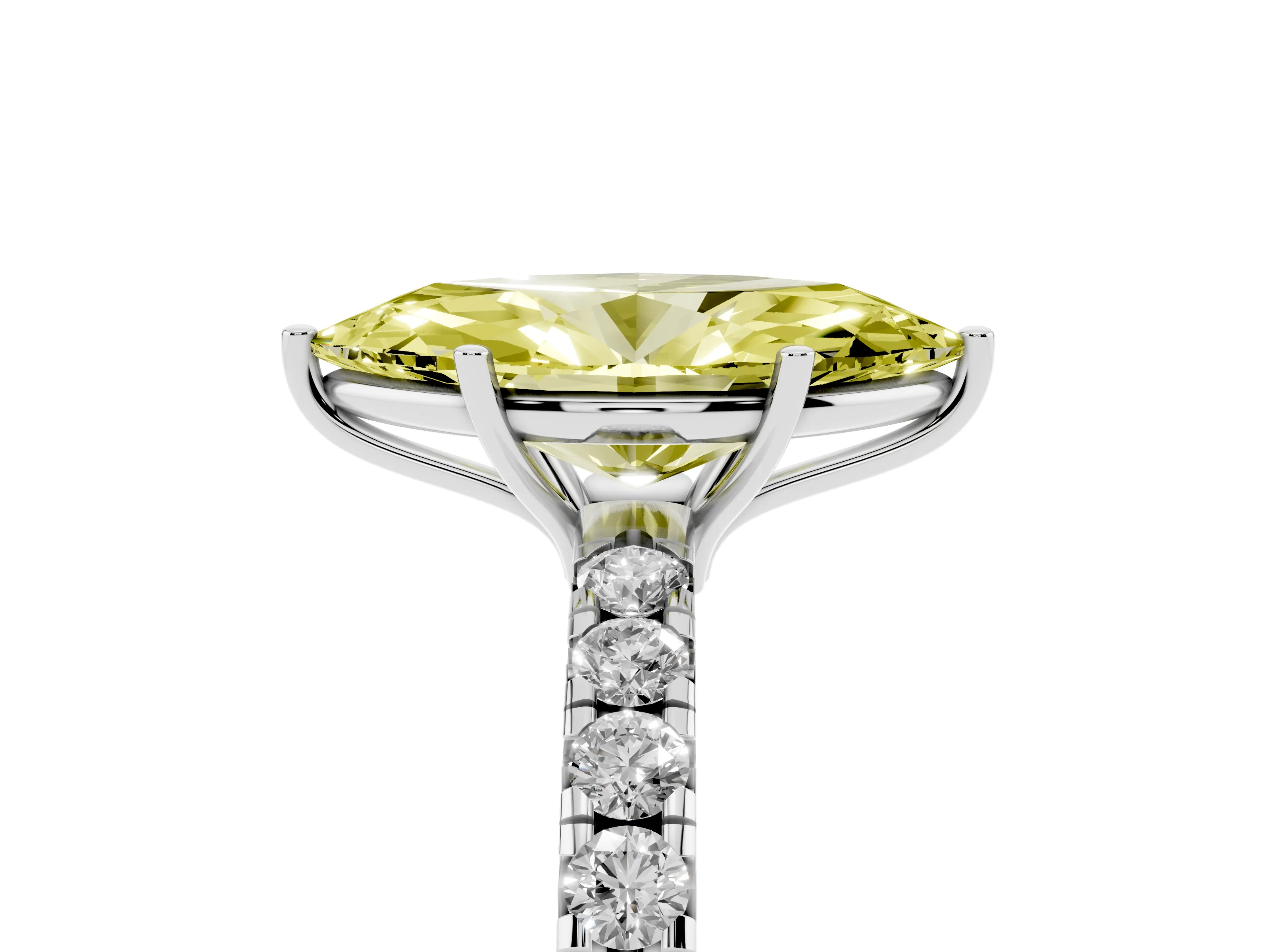 Fancy Yellow Marquise Cut Diamond Pavé Solitaire Engagement Ring Set in Silver with Prong Setting