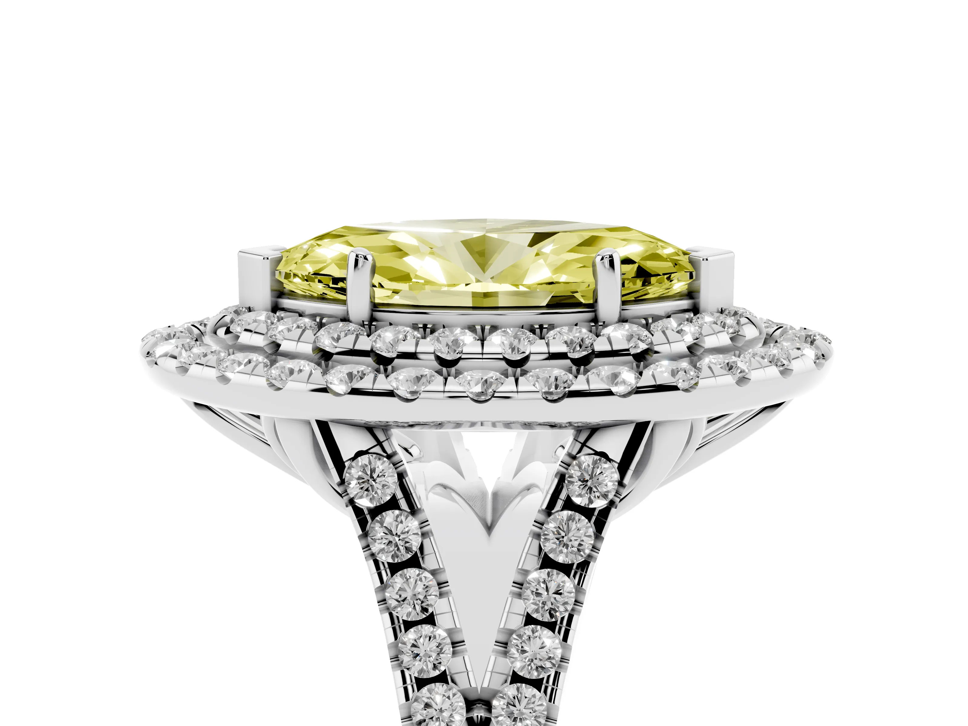 Fancy Yellow Marquise Cut Diamond Double Halo Ring Set in Silver with Pavé Split Shank and Prong Setting