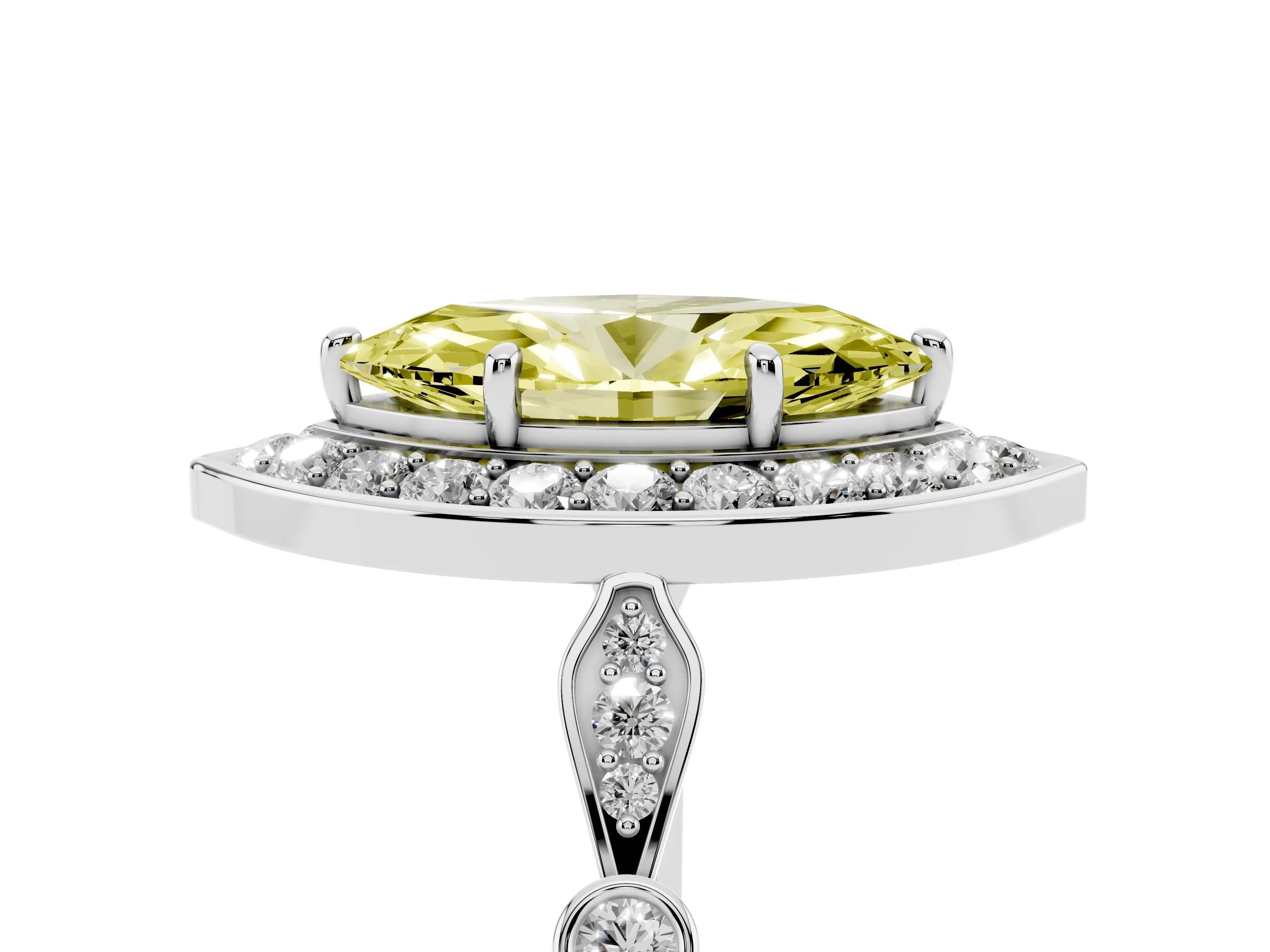 Fancy Yellow Marquise Cut Diamond Halo Engagement Ring Set in Platinum with Twisted Band and Prong Setting