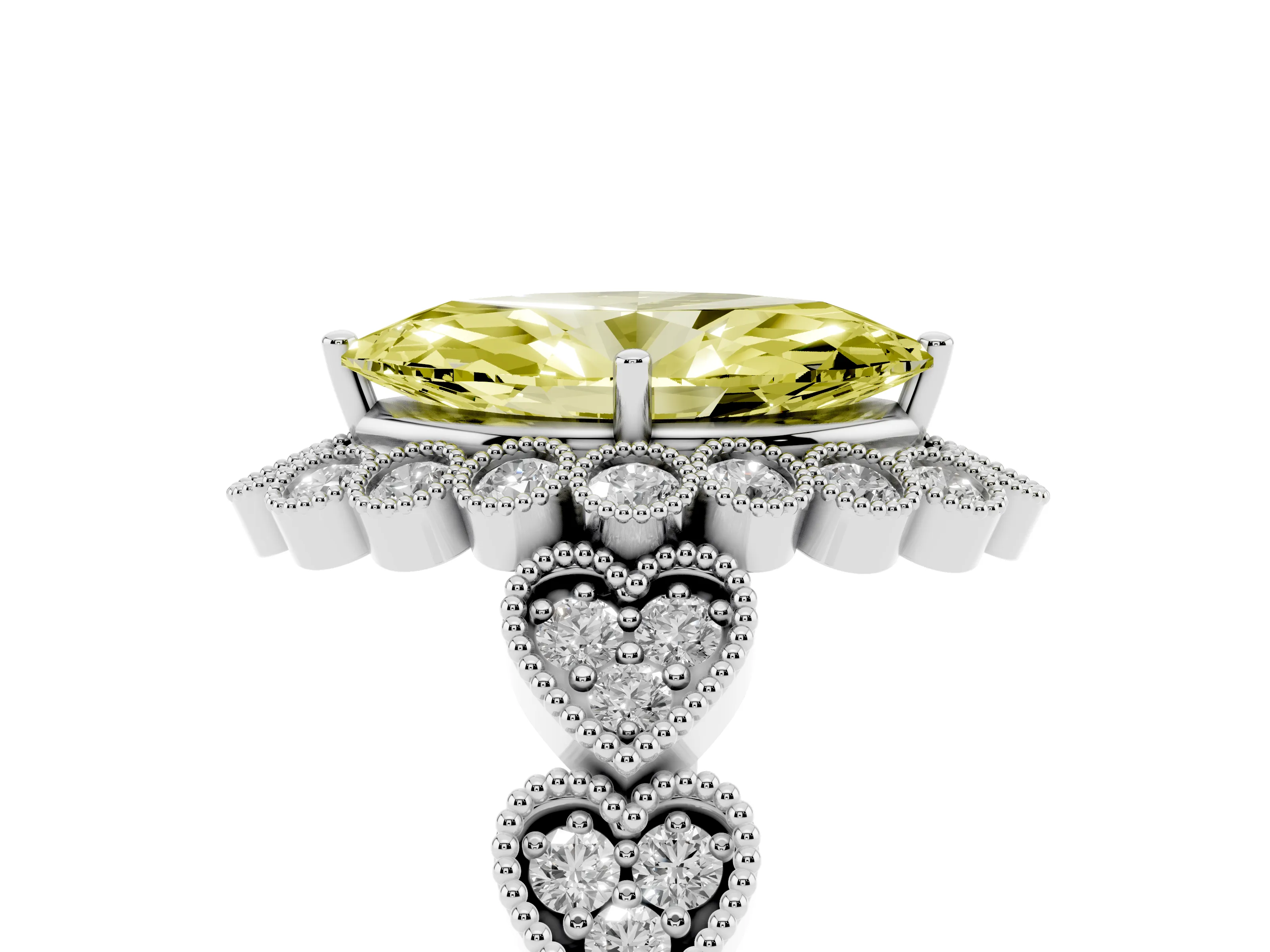 Fancy Yellow Marquise Cut Diamond Solitaire Ring Set in Platinum with Milgrain Pavé Heart Band