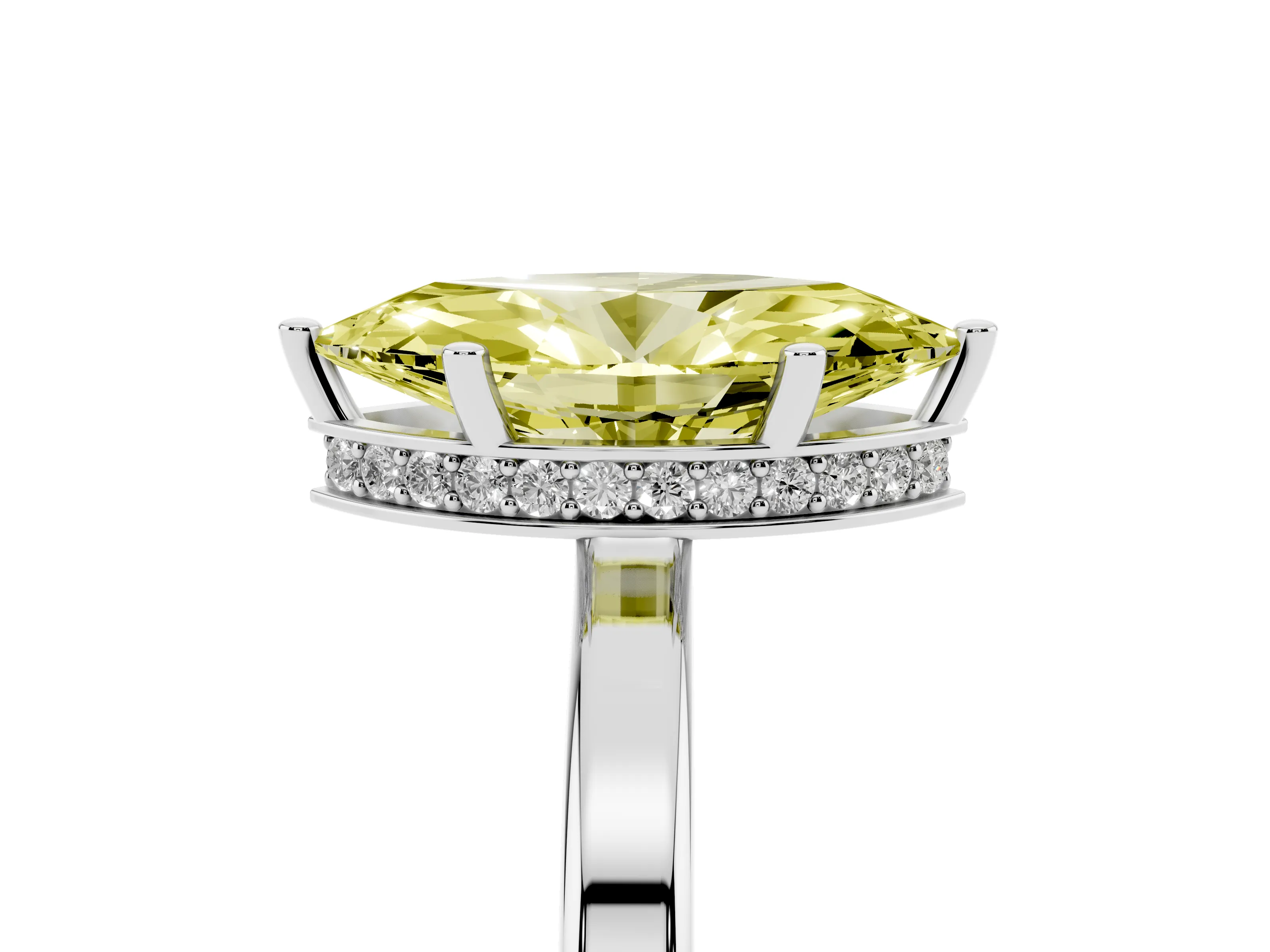 Fancy Yellow Marquise Cut Diamond Solitaire Engagement Ring Set in White gold with Prong Setting on a Plain Band